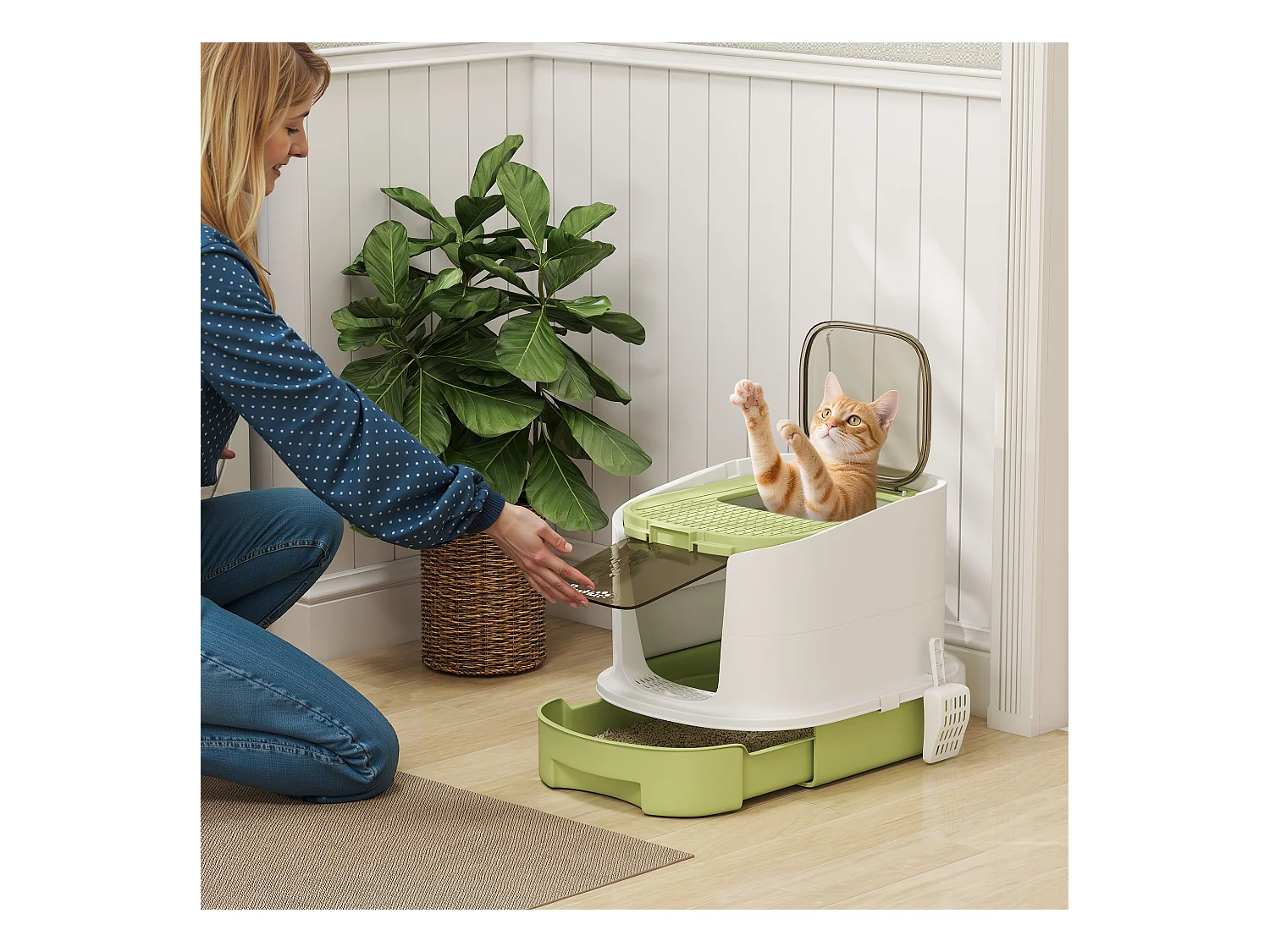 Lettiera per gatti chiusa con 2 porte, vassoio e deodorante verde