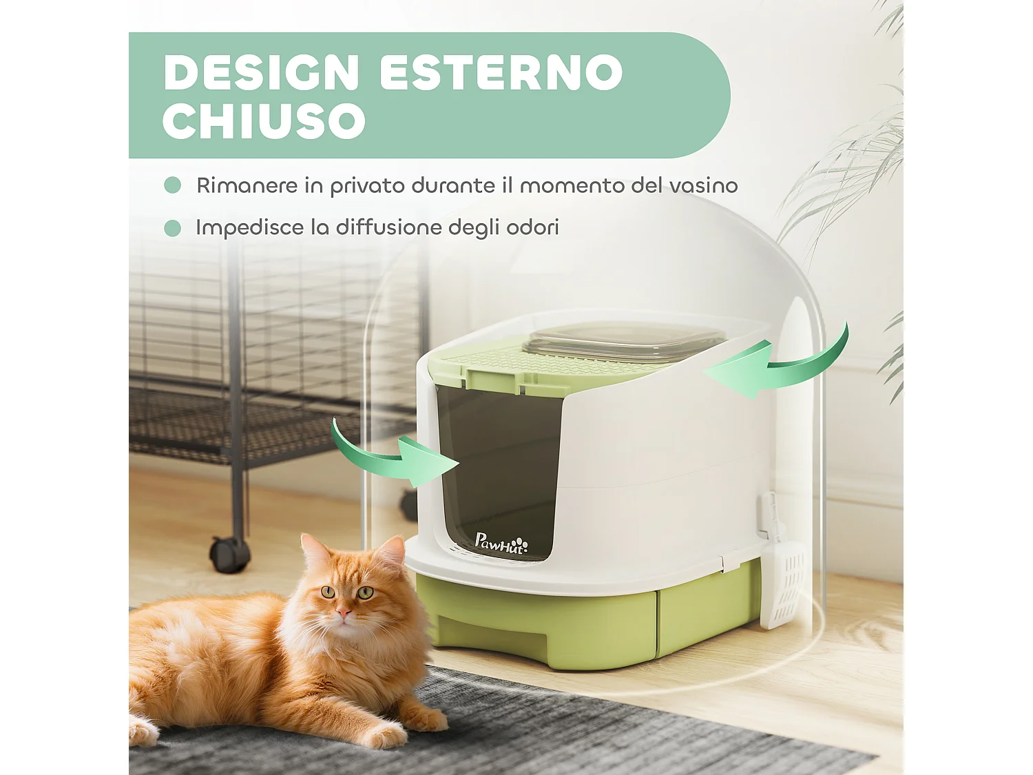 Lettiera per gatti chiusa con 2 porte, vassoio e deodorante verde
