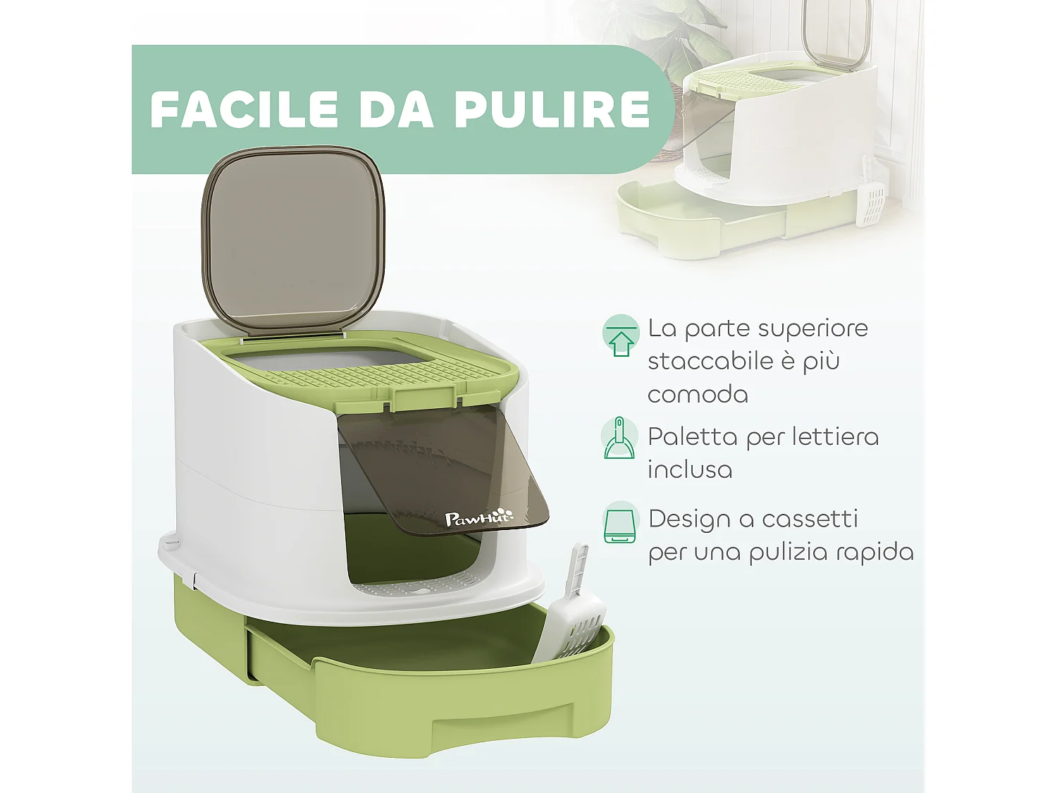Lettiera per gatti chiusa con 2 porte, vassoio e deodorante verde