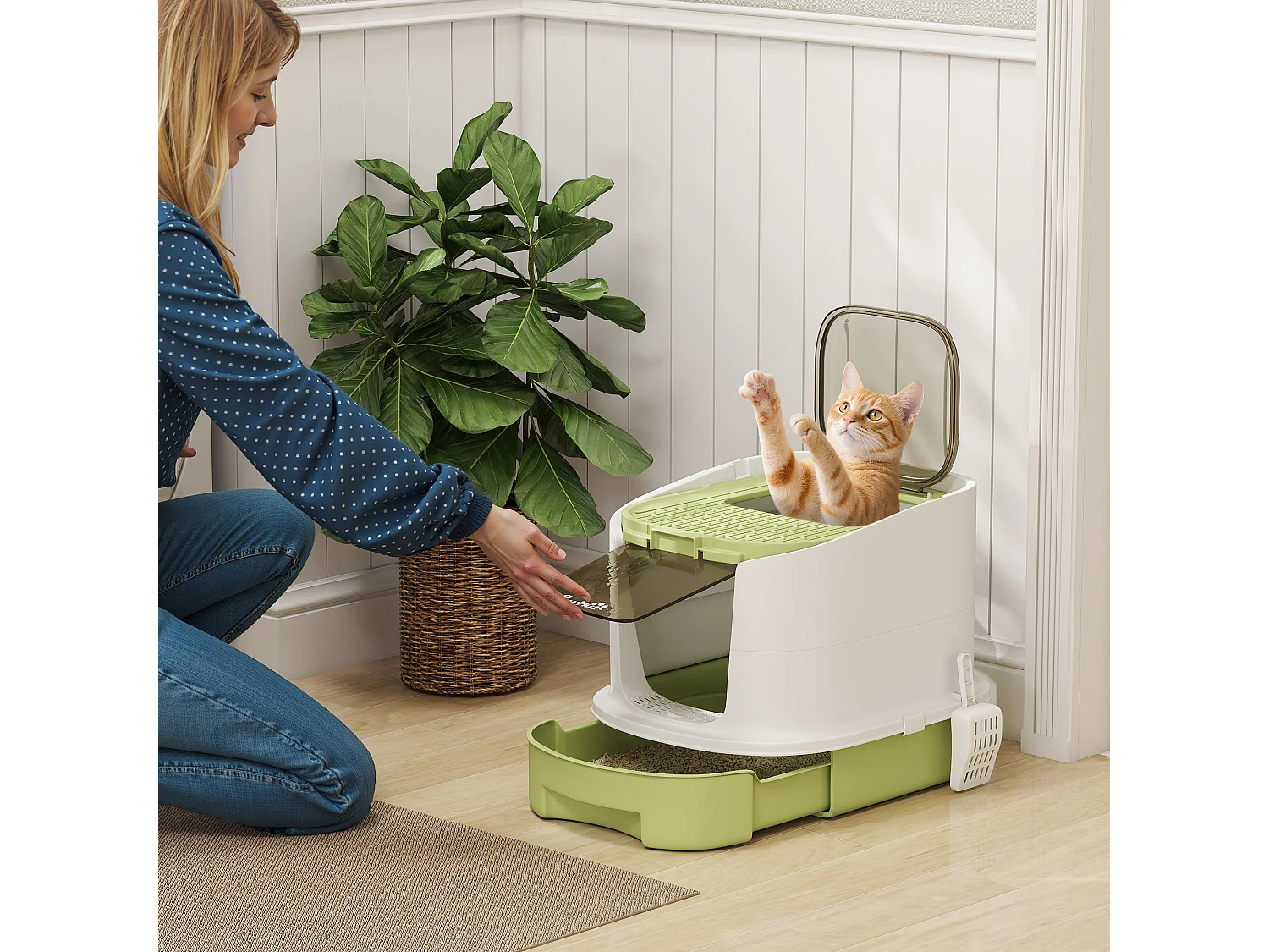 Lettiera per gatti chiusa con 2 porte, vassoio e deodorante verde