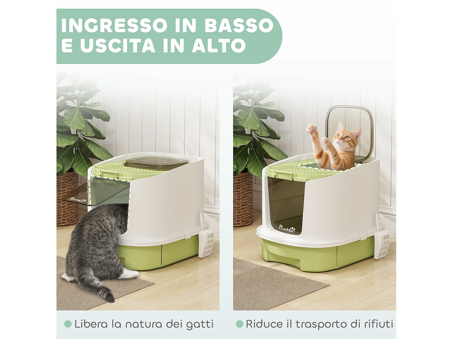 Lettiera per gatti chiusa con 2 porte, vassoio e deodorante verde