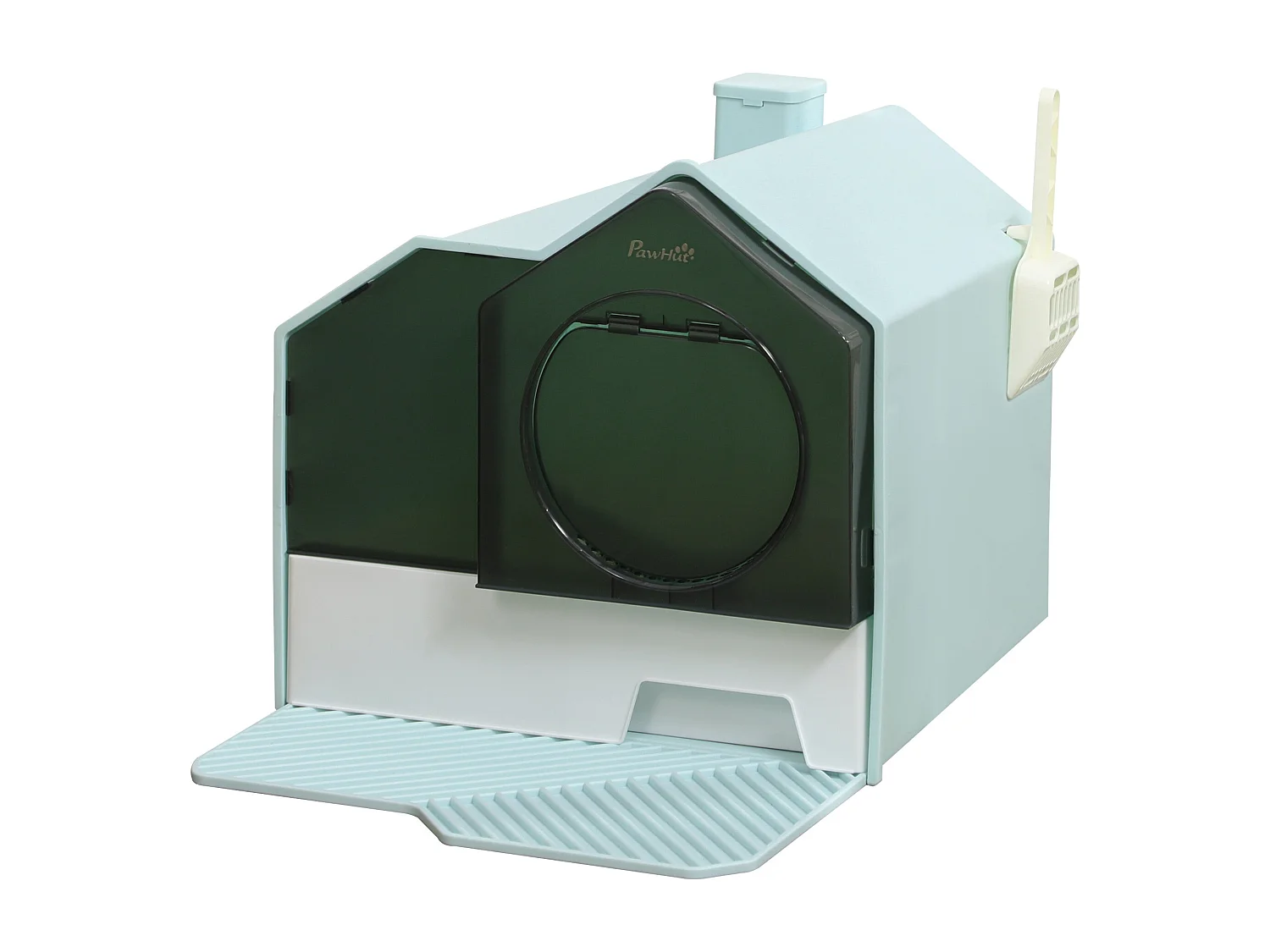 Lettiera per gatti chiusa con vassoio estraibile e paletta azzurro