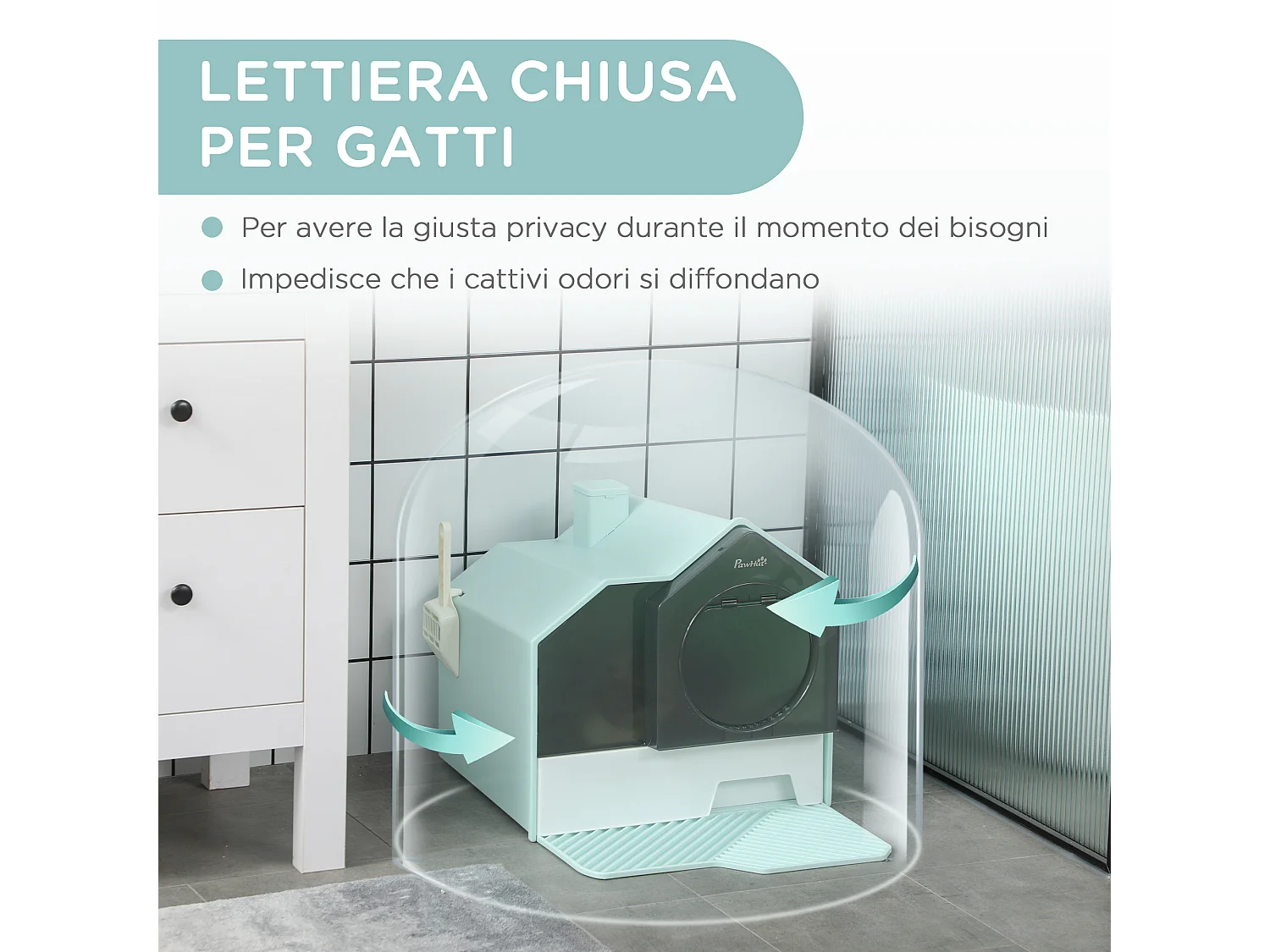 Lettiera per gatti chiusa con vassoio estraibile e paletta azzurro