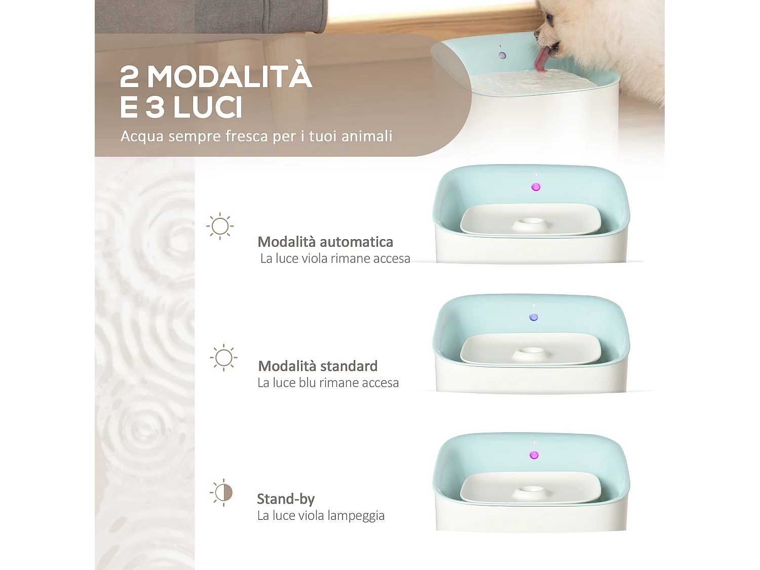 Fontanella per gatti e cani da 3l filtro luce led sensore di movimento