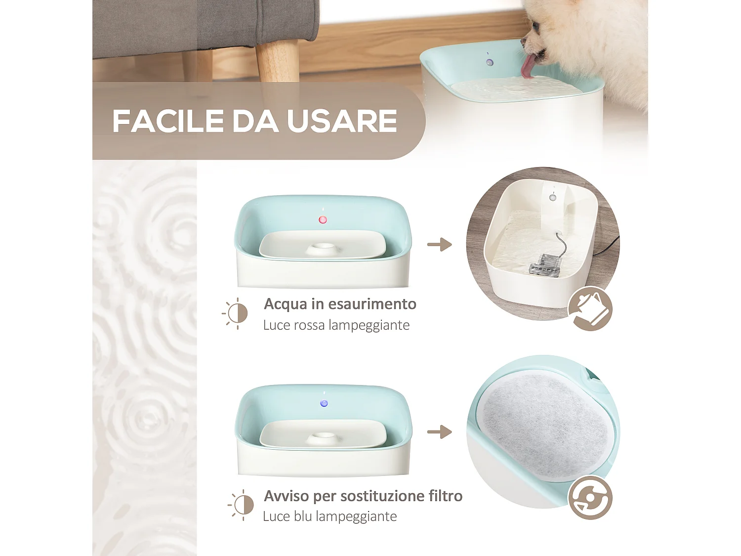 Fontanella per gatti e cani da 3l filtro luce led sensore di movimento