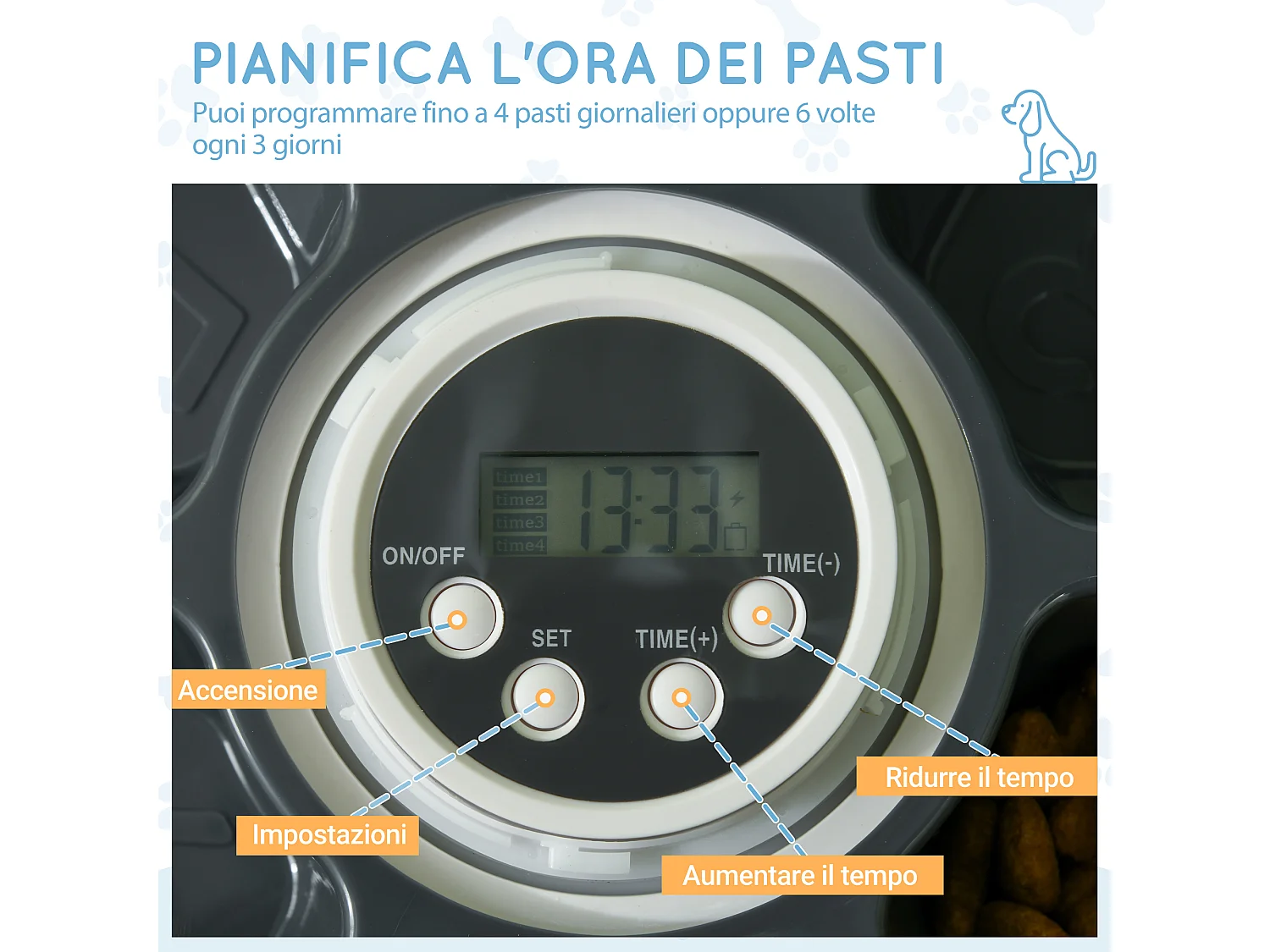 Distributore automatico cibo cani e gatti 6 ciotole con timer display led