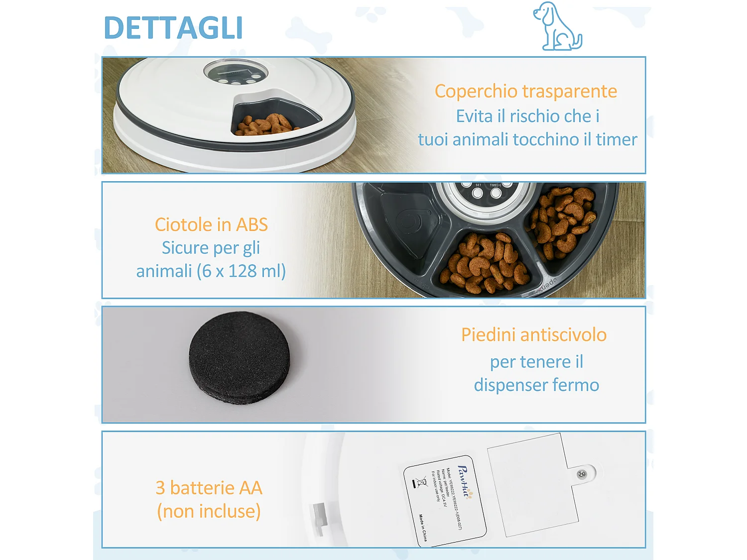 Distributore automatico cibo cani e gatti 6 ciotole con timer display led