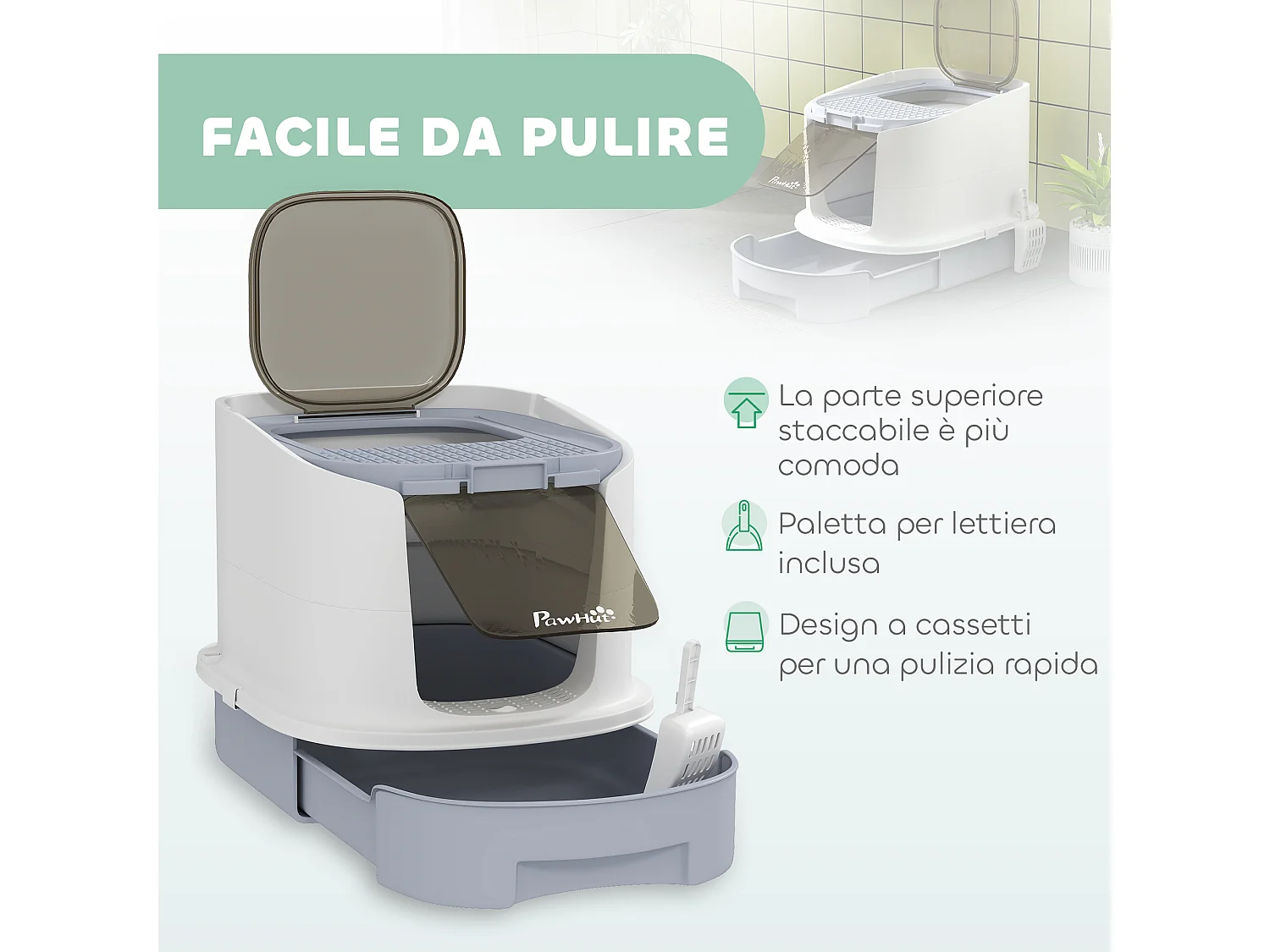 Lettiera per gatti chiusa con 2 porte, vassoio estraibile e paletta