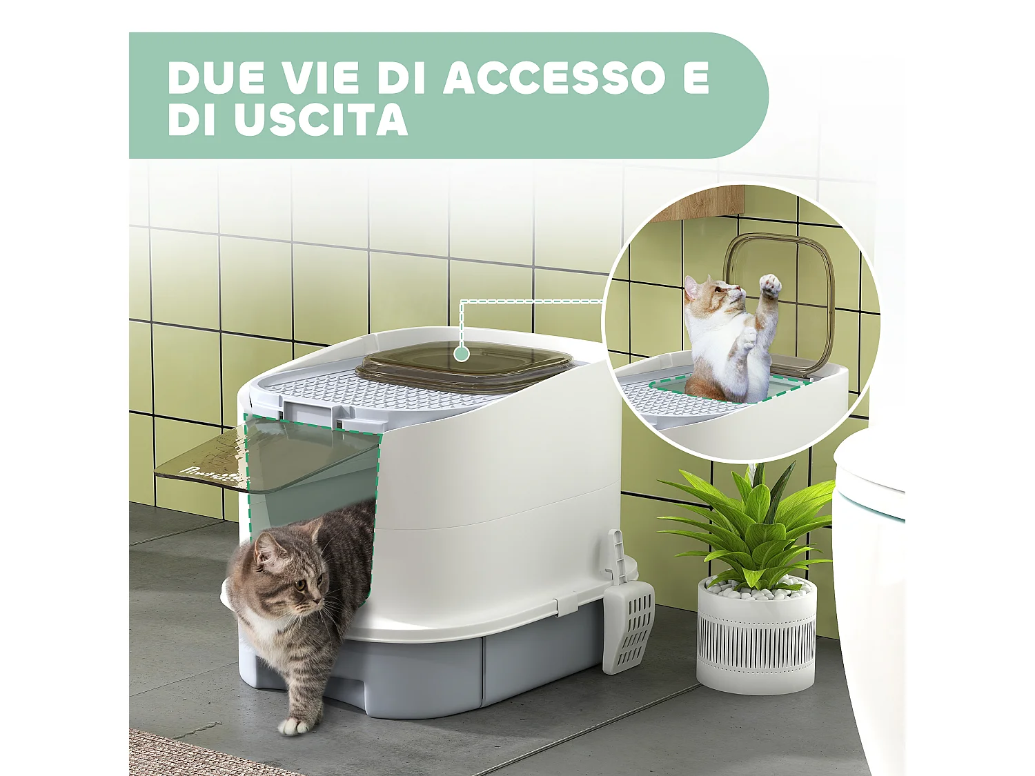 Lettiera per gatti chiusa con 2 porte, vassoio estraibile e paletta