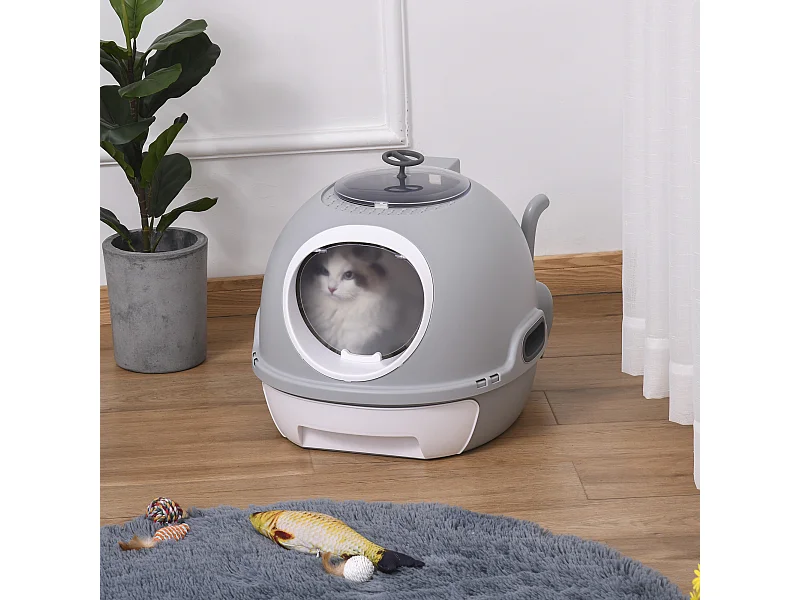 Lettiera per gatti chiusa con vassoio estraibile e 2 ingressi grigio