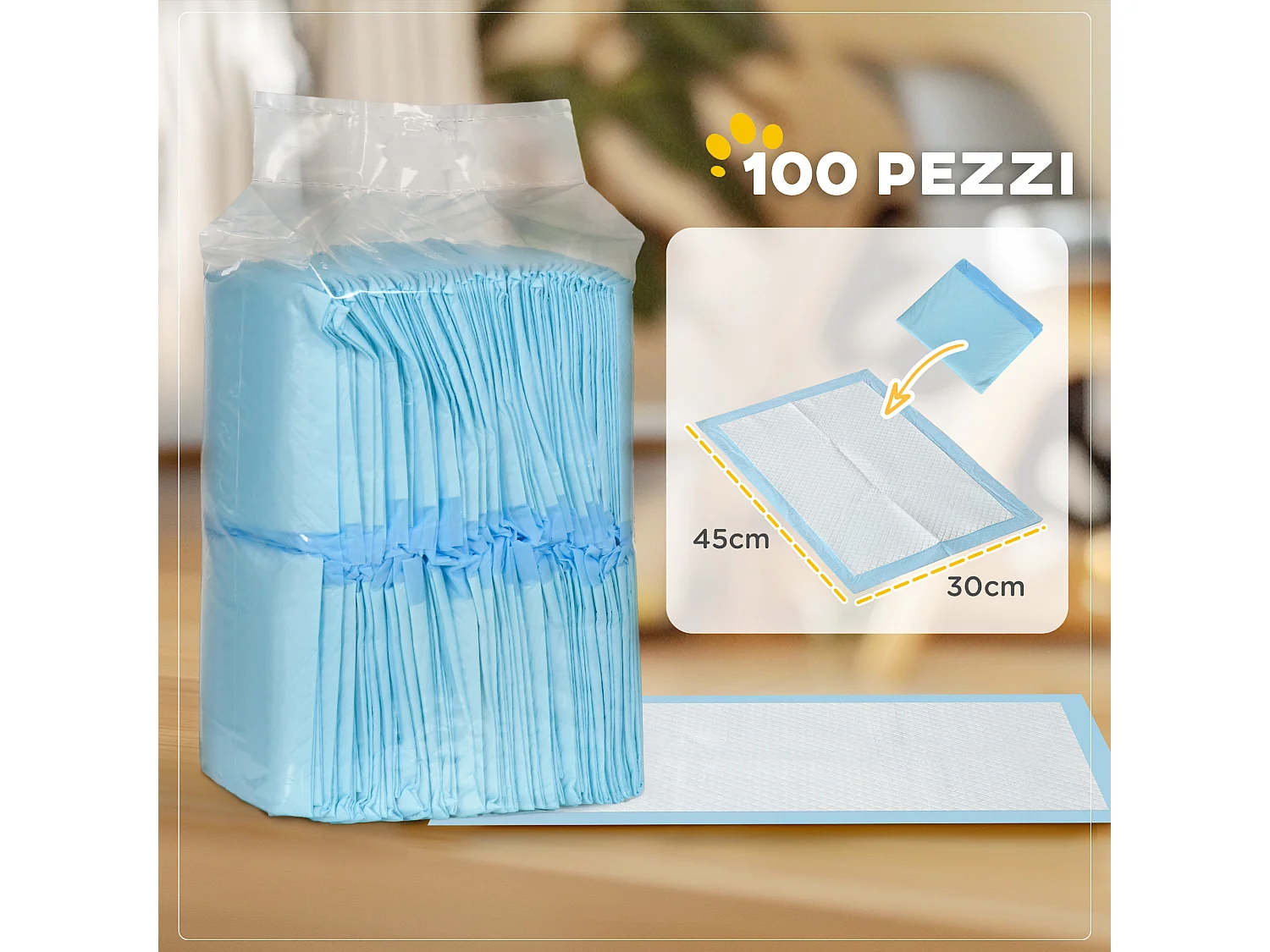Set 100 tappetini igienici per cani a 6 strati 45x30 cm blu e bianco