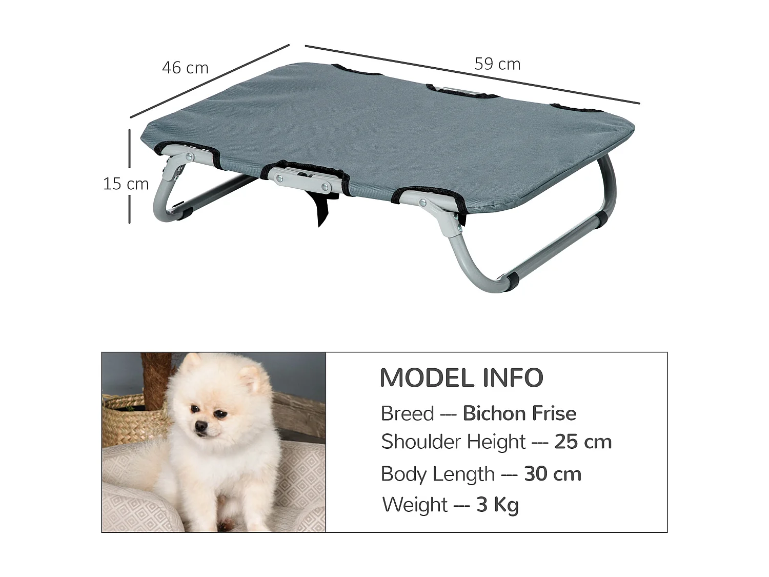 Lettino per cani pieghevole con tessuto oxford 600d grigio 59x46x15cm
