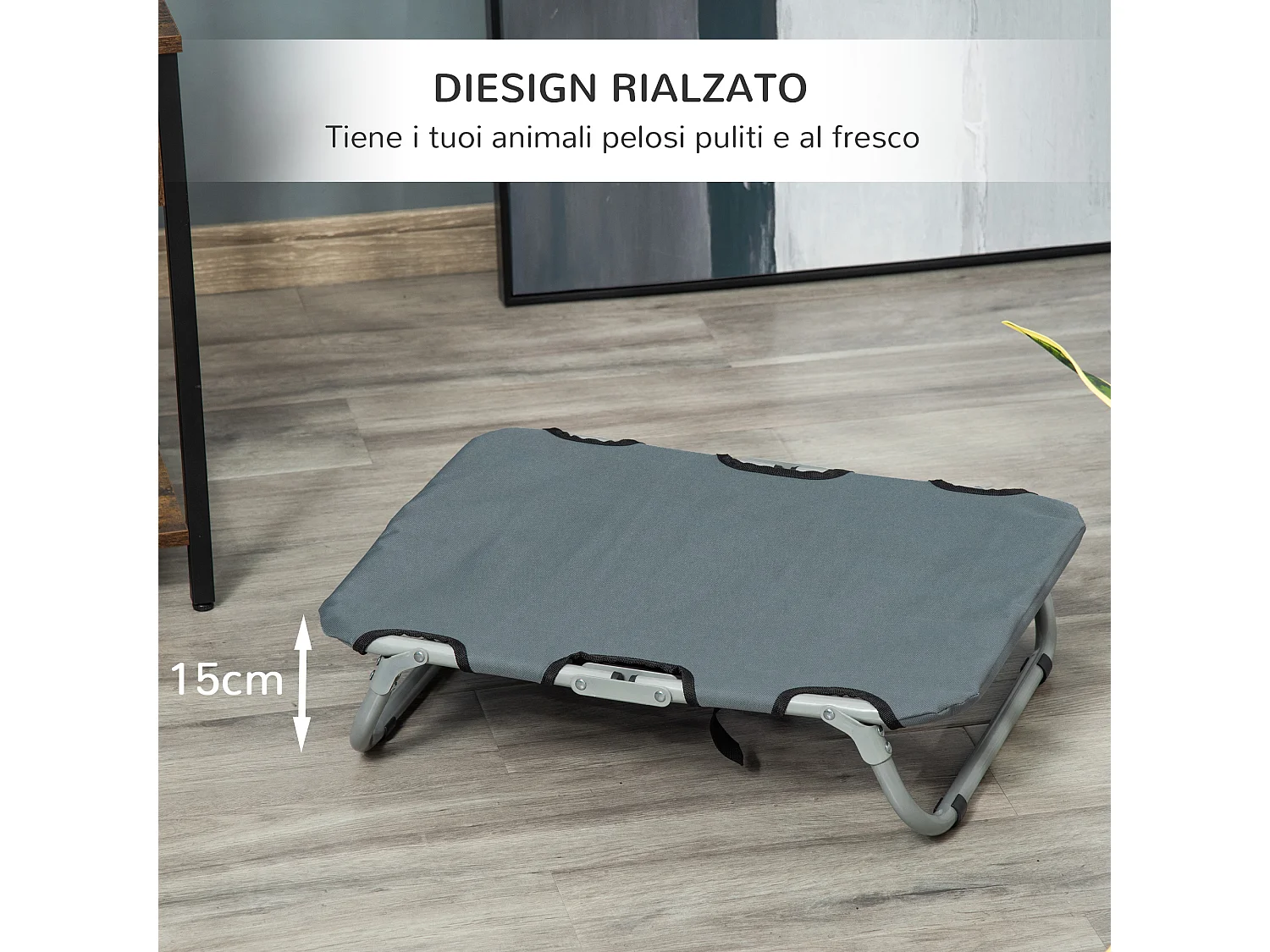 Lettino per cani pieghevole con tessuto oxford 600d grigio 59x46x15cm