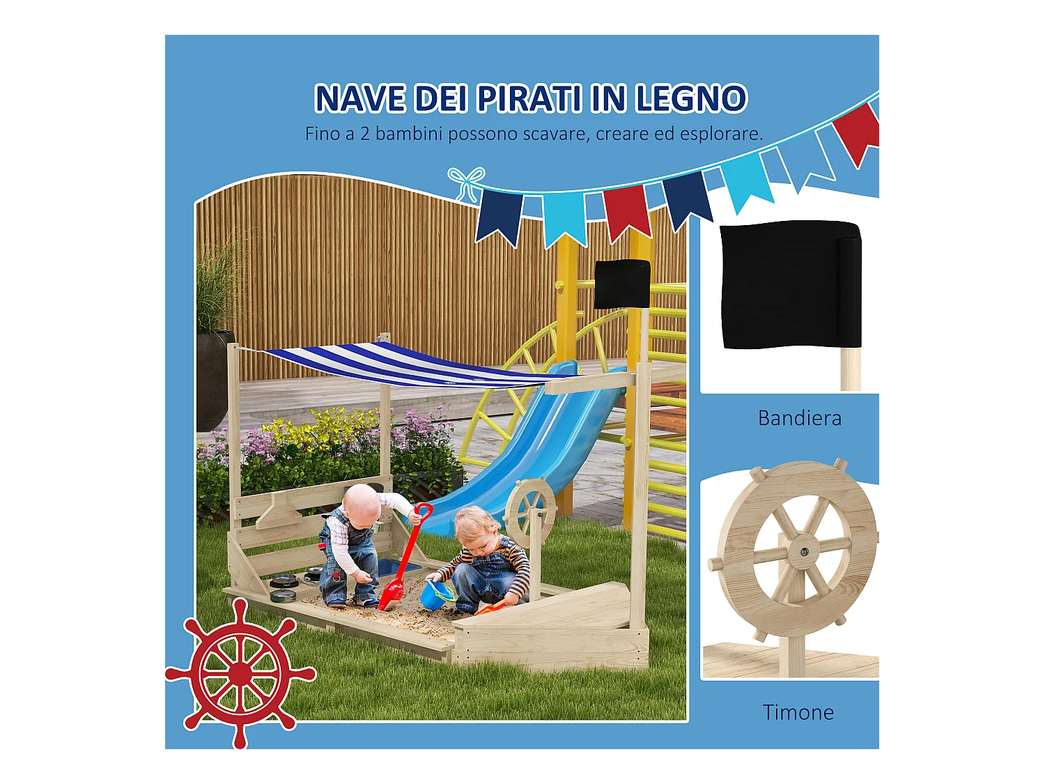 Sabbiera per bambini 3-7 anni in legno di abete con tettuccio