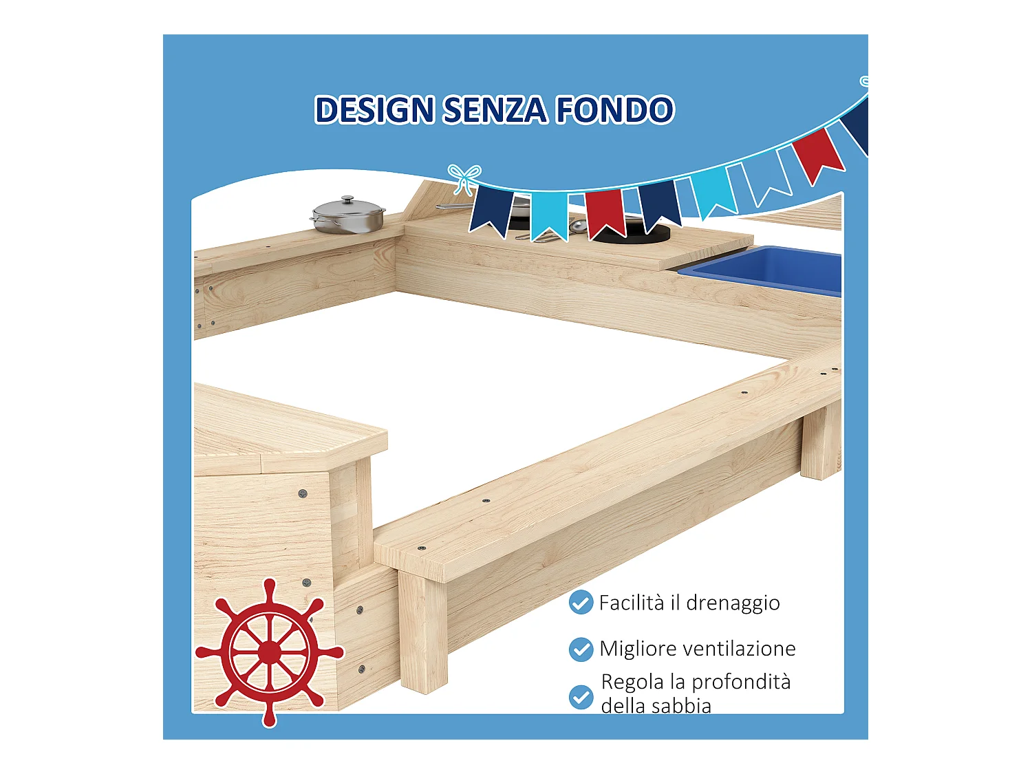 Sabbiera per bambini 3-7 anni in legno di abete con tettuccio