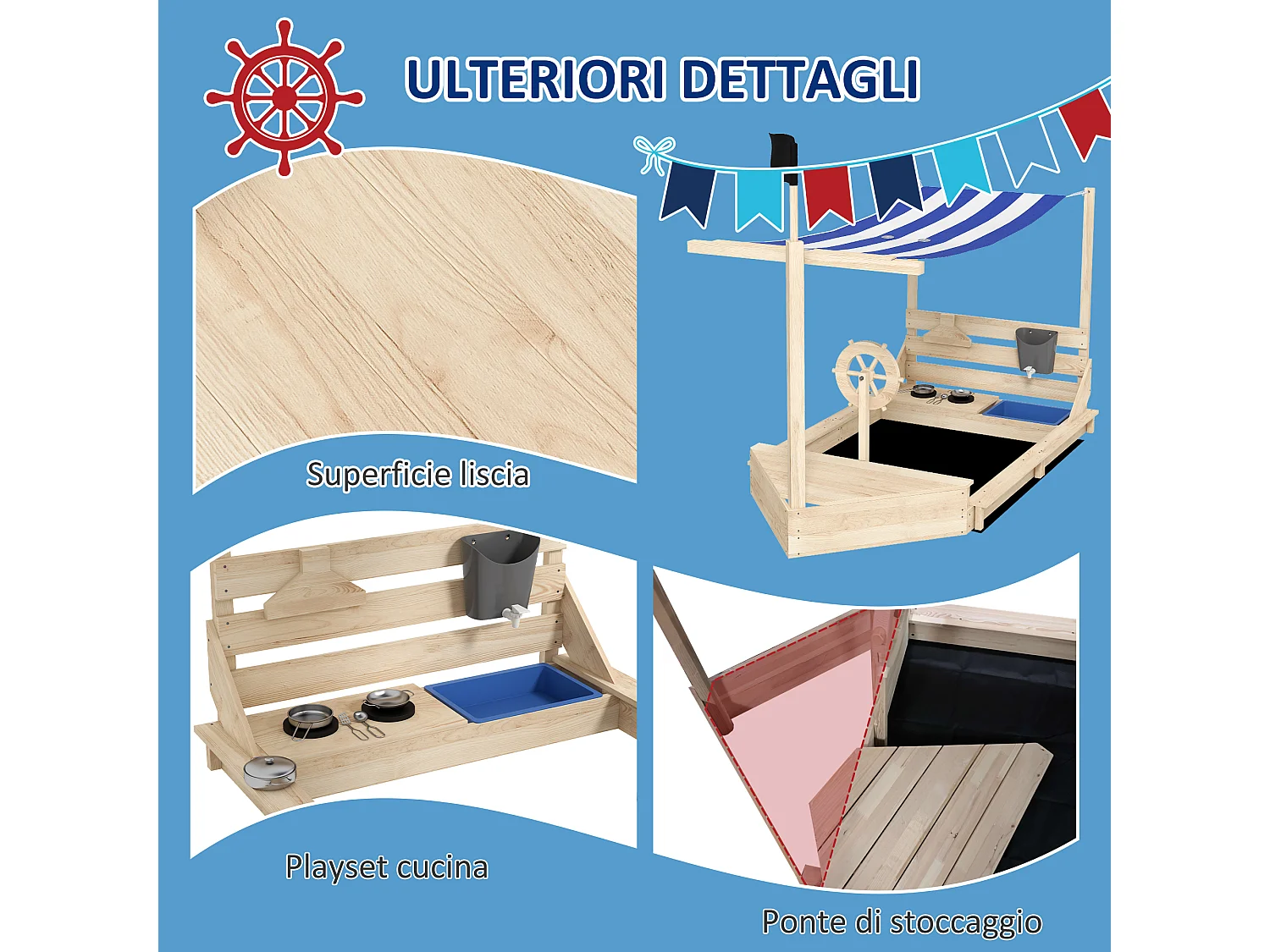 Sabbiera per bambini 3-7 anni in legno di abete con tettuccio