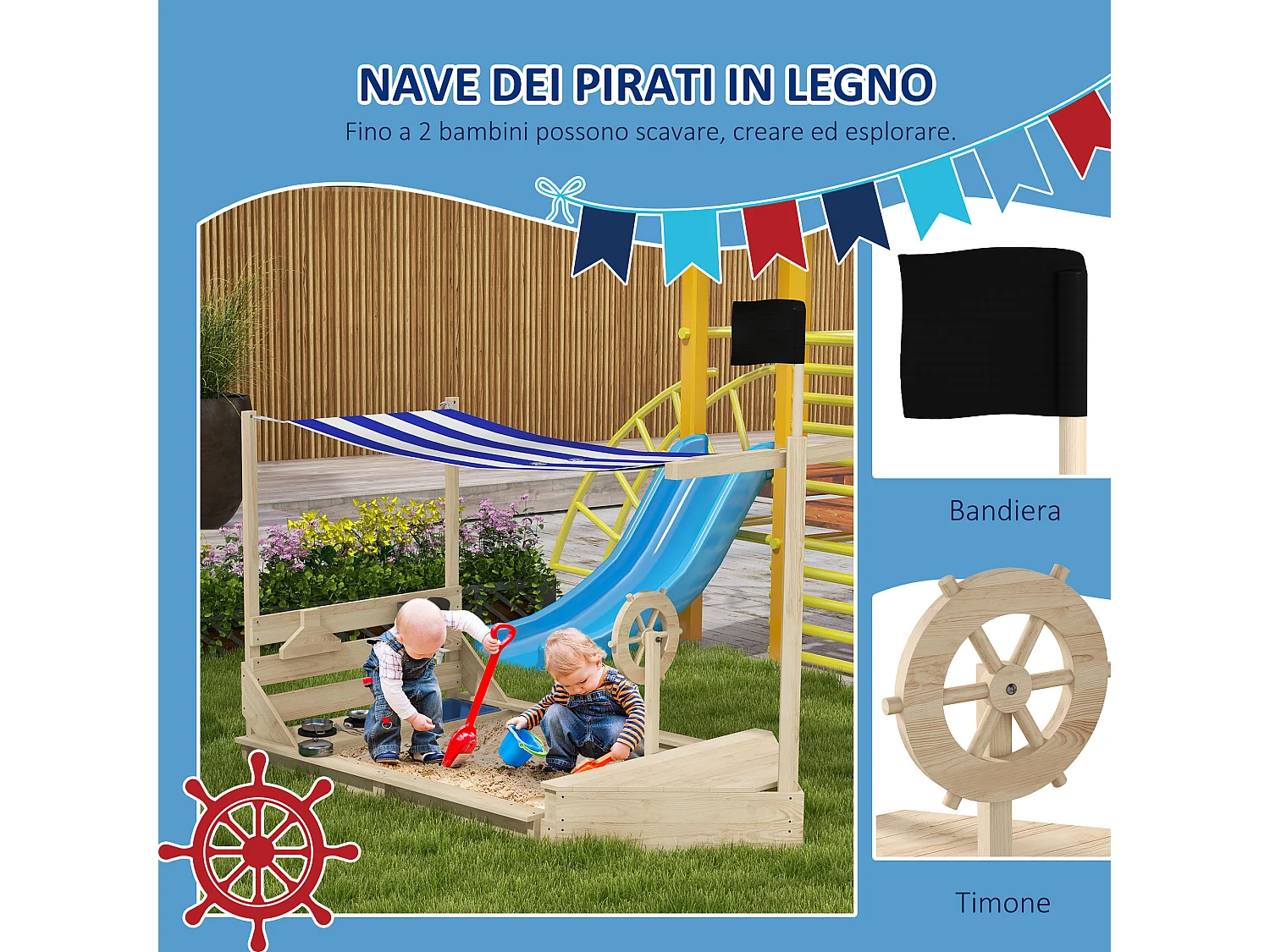 Sabbiera per bambini 3-7 anni in legno di abete con tettuccio