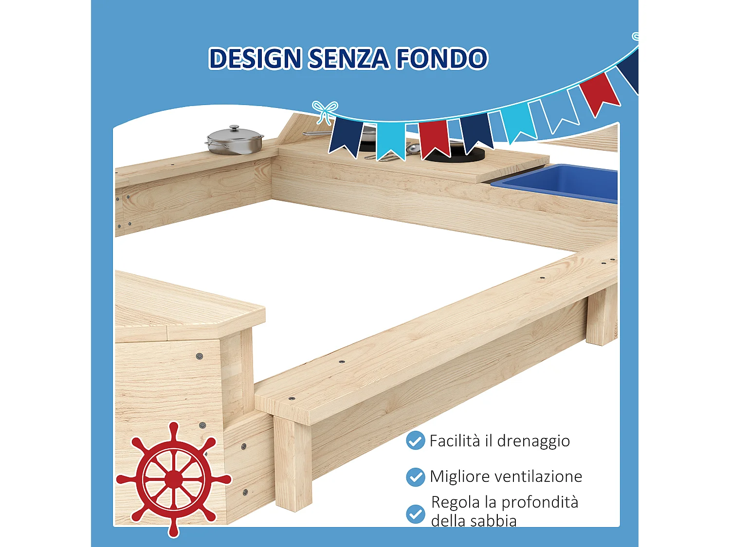 Sabbiera per bambini 3-7 anni in legno di abete con tettuccio