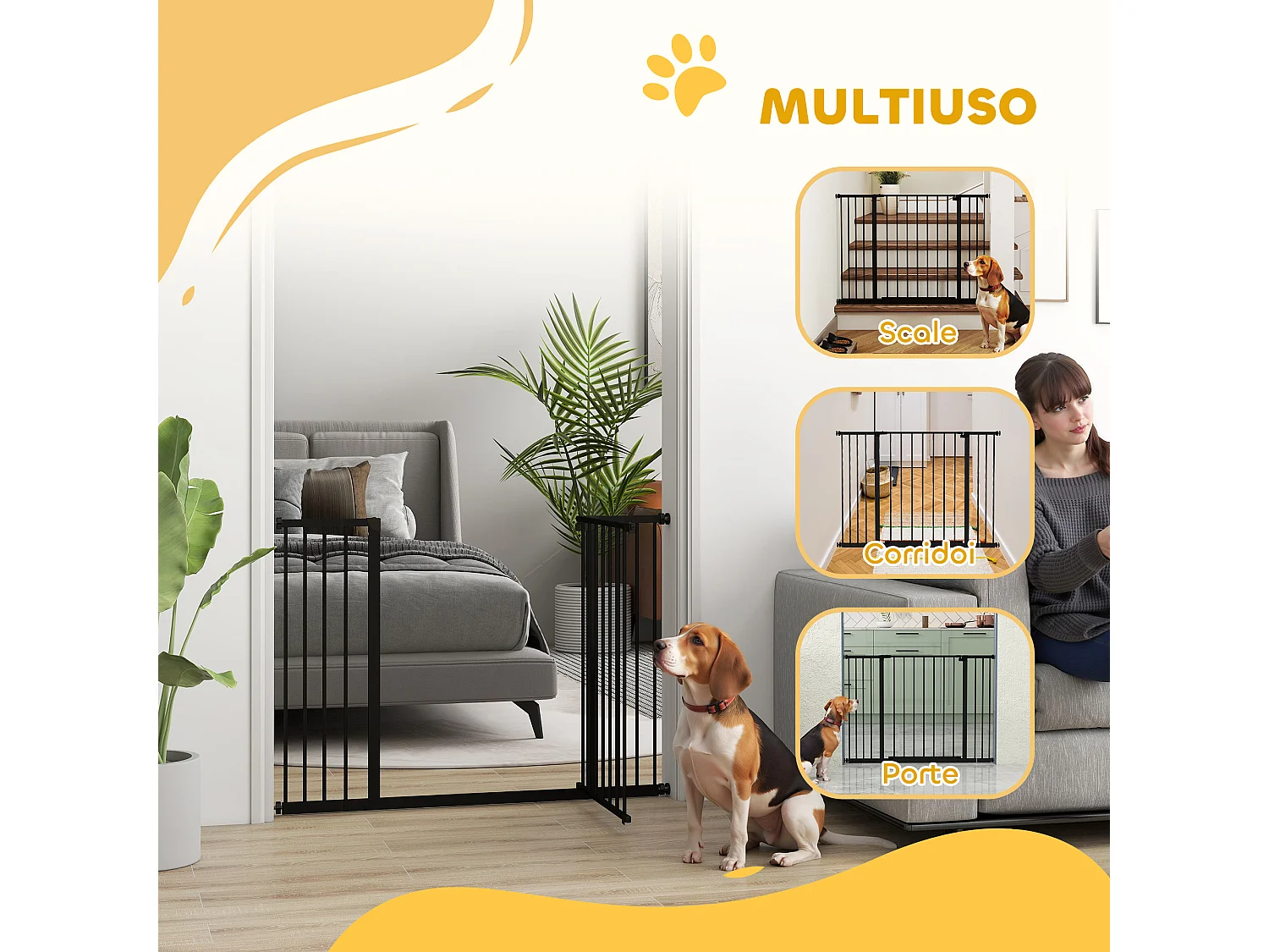 Cancelletto per cani estensibile in acciaio e plastica nero