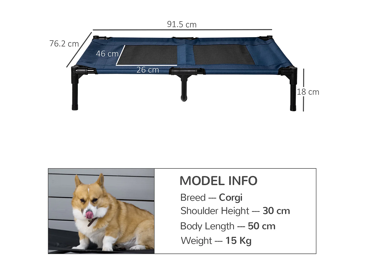 Letto rialzato per cani fino 30kg, campeggio, impermeabile - 91.5x76.2x18 cm