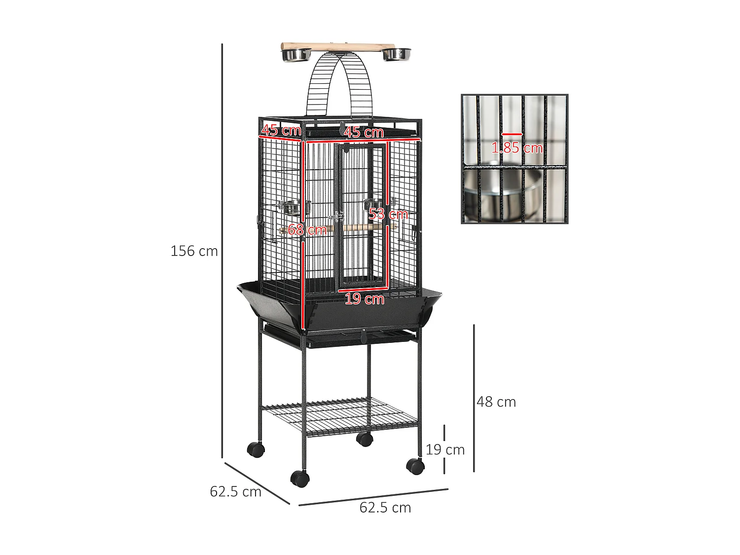 Gabbia per pappagallini in acciaio con 2 posatoi e ingressi multipli