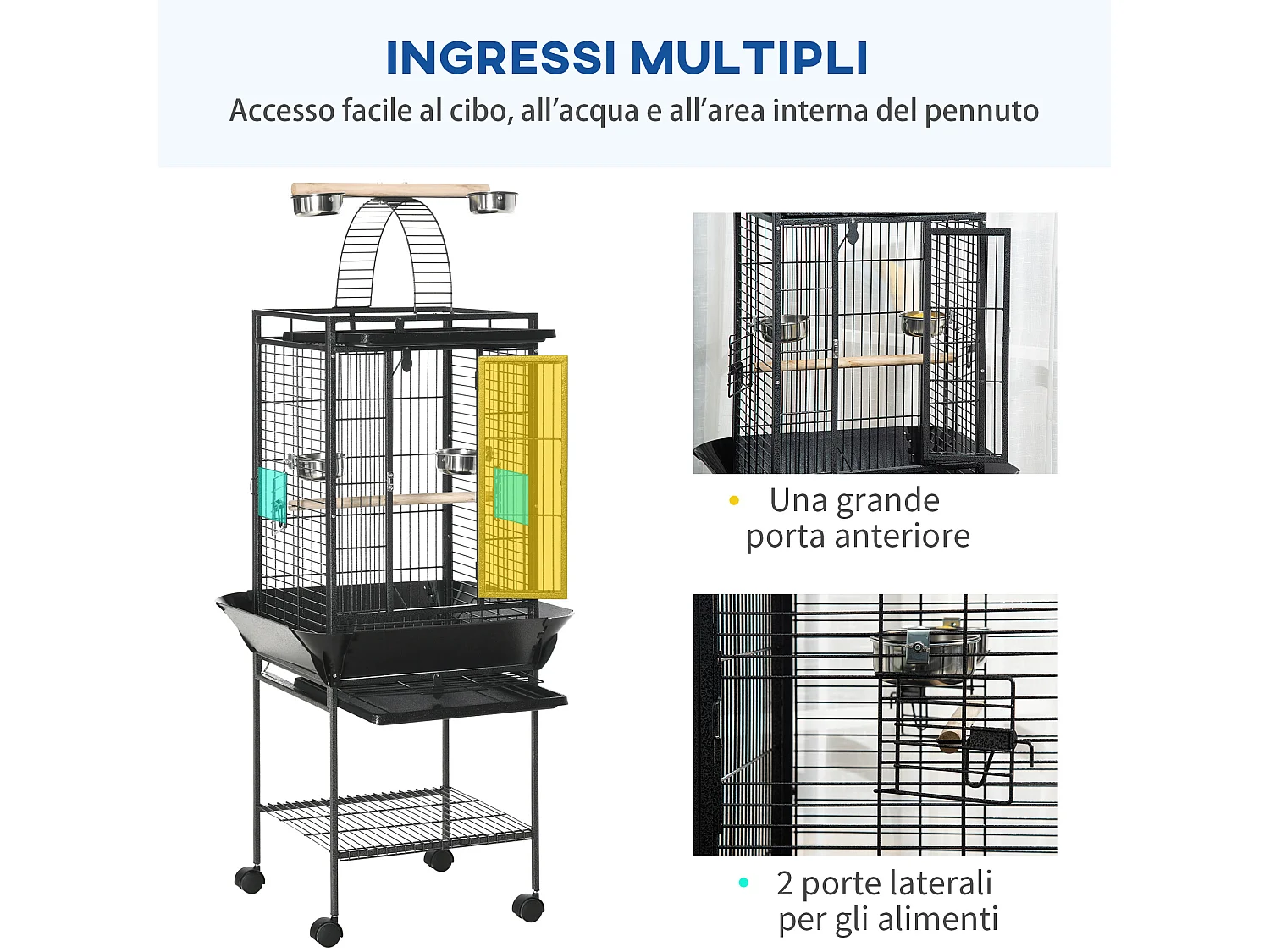 Gabbia per pappagallini in acciaio con 2 posatoi e ingressi multipli