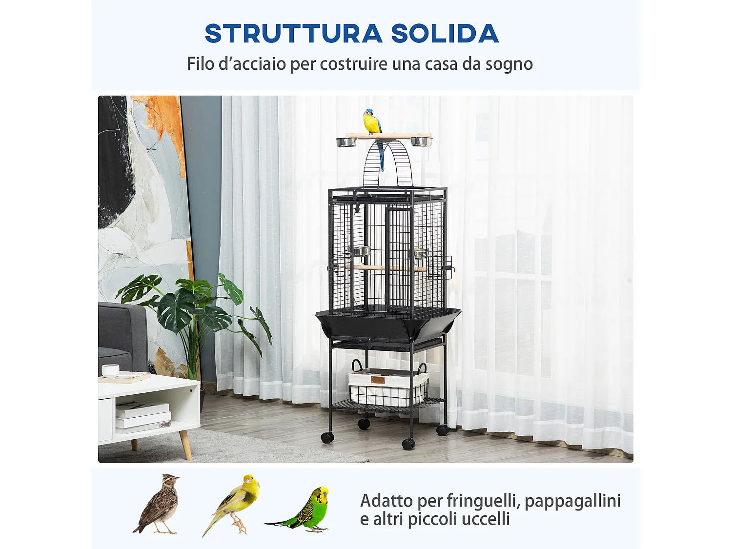 Gabbia per pappagallini in acciaio con 2 posatoi e ingressi multipli
