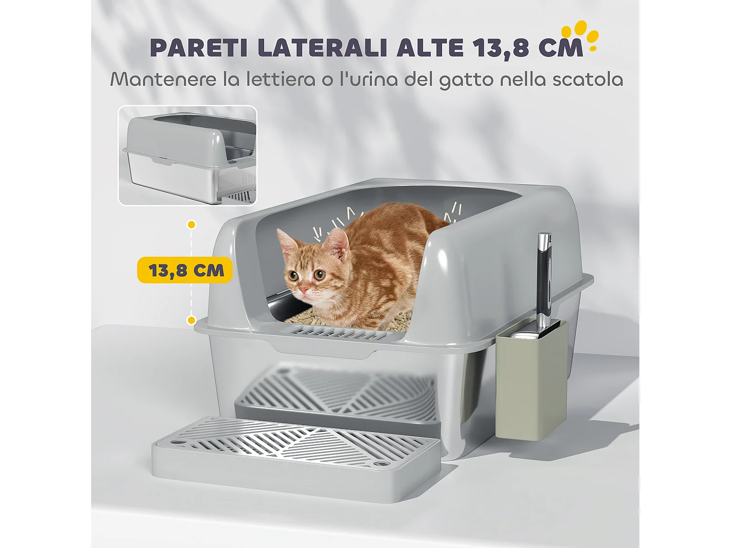 Lettiera per gatti con gradino, paletta e box portaoggetti grigio chiaro