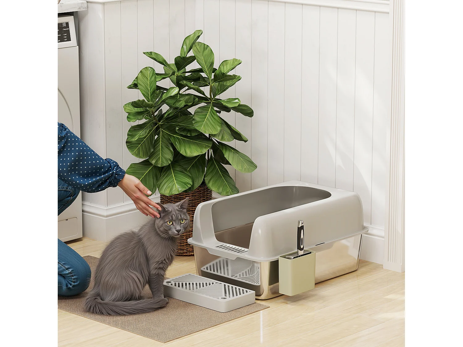 Lettiera per gatti con gradino, paletta e box portaoggetti grigio chiaro