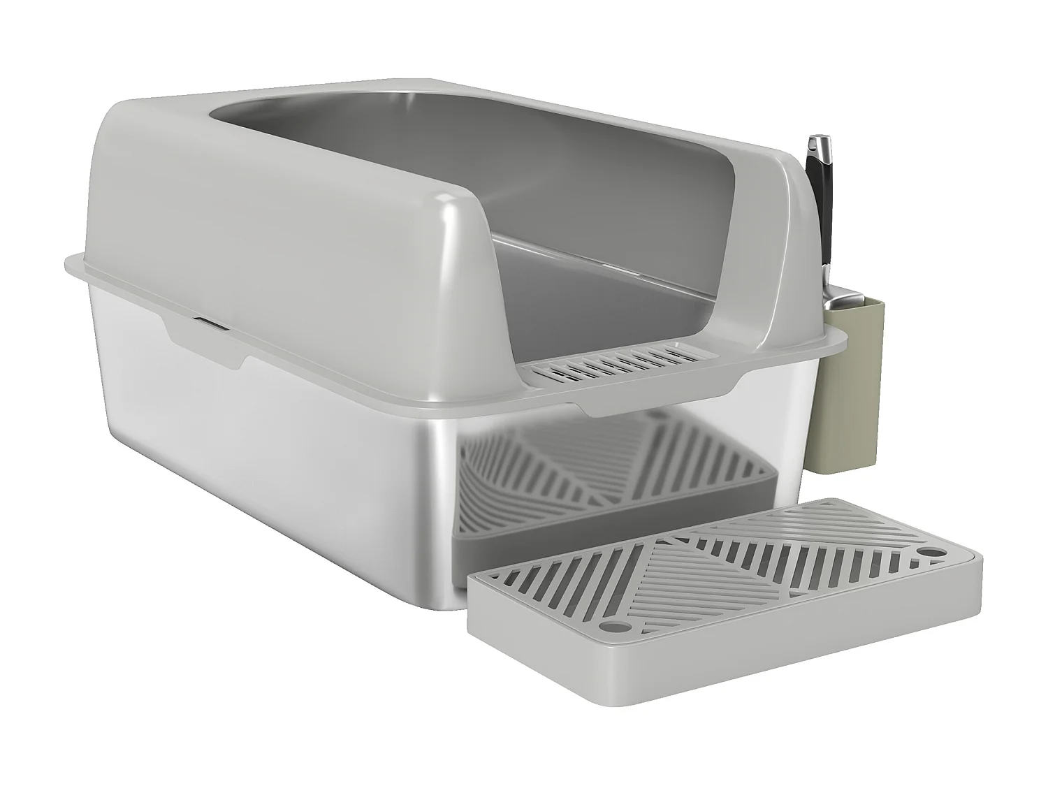 Lettiera per gatti con gradino, paletta e box portaoggetti grigio chiaro