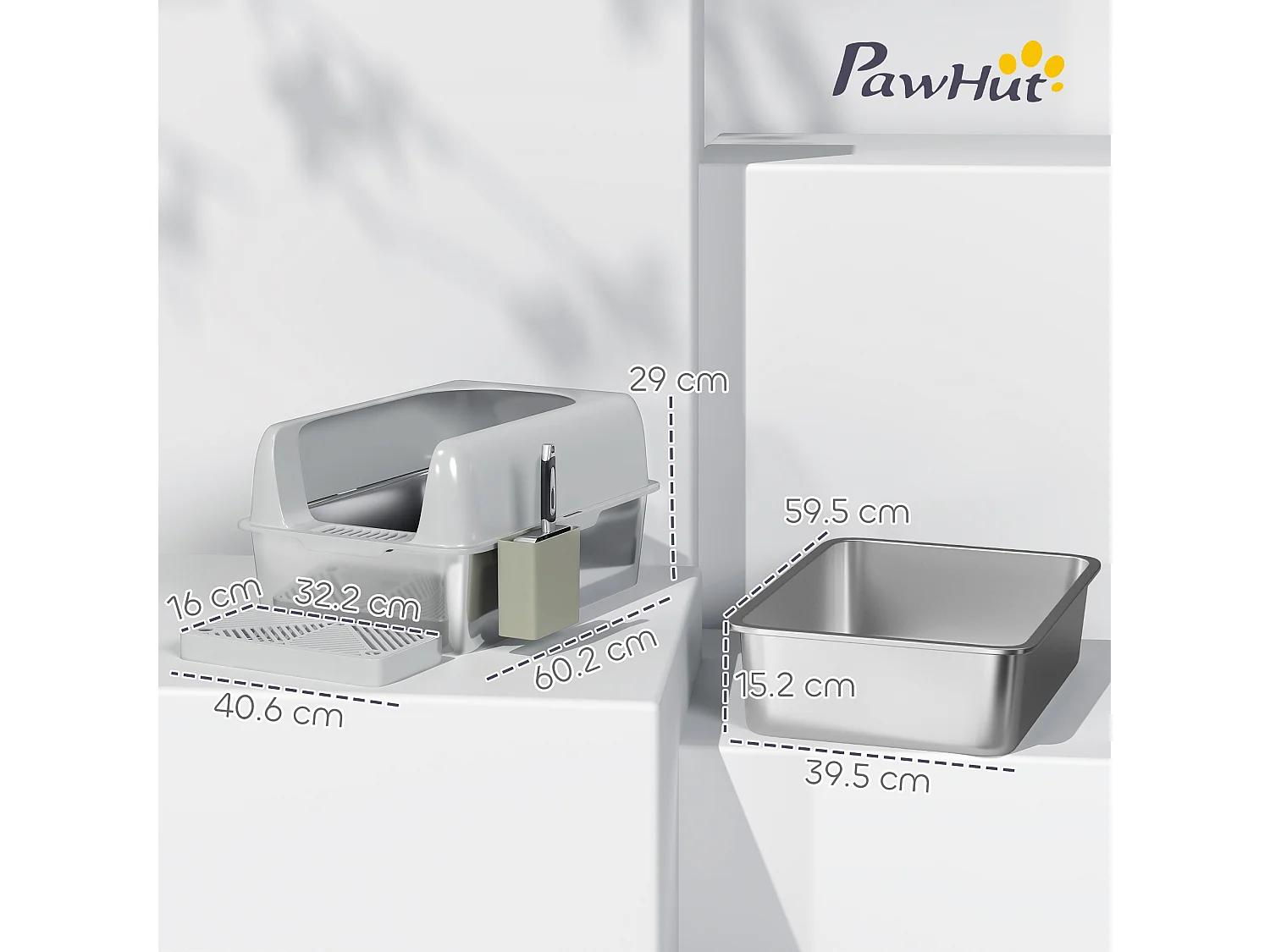 Lettiera per gatti con gradino, paletta e box portaoggetti grigio chiaro