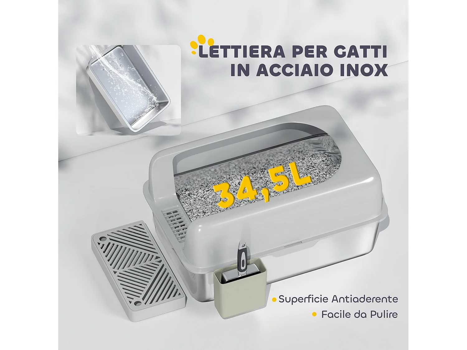 Lettiera per gatti con gradino, paletta e box portaoggetti grigio chiaro