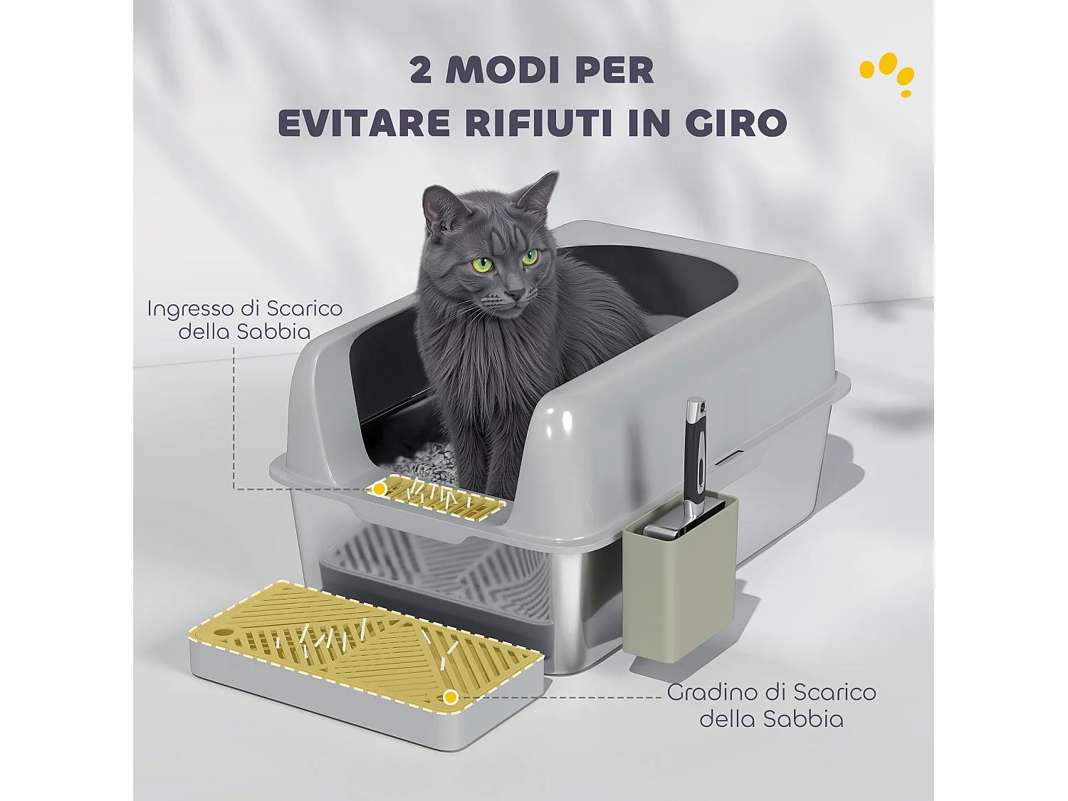 Lettiera per gatti con gradino, paletta e box portaoggetti grigio chiaro