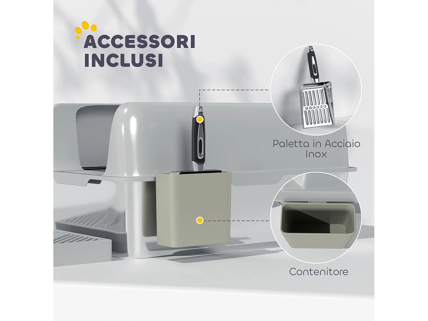 Lettiera per gatti con gradino, paletta e box portaoggetti grigio chiaro