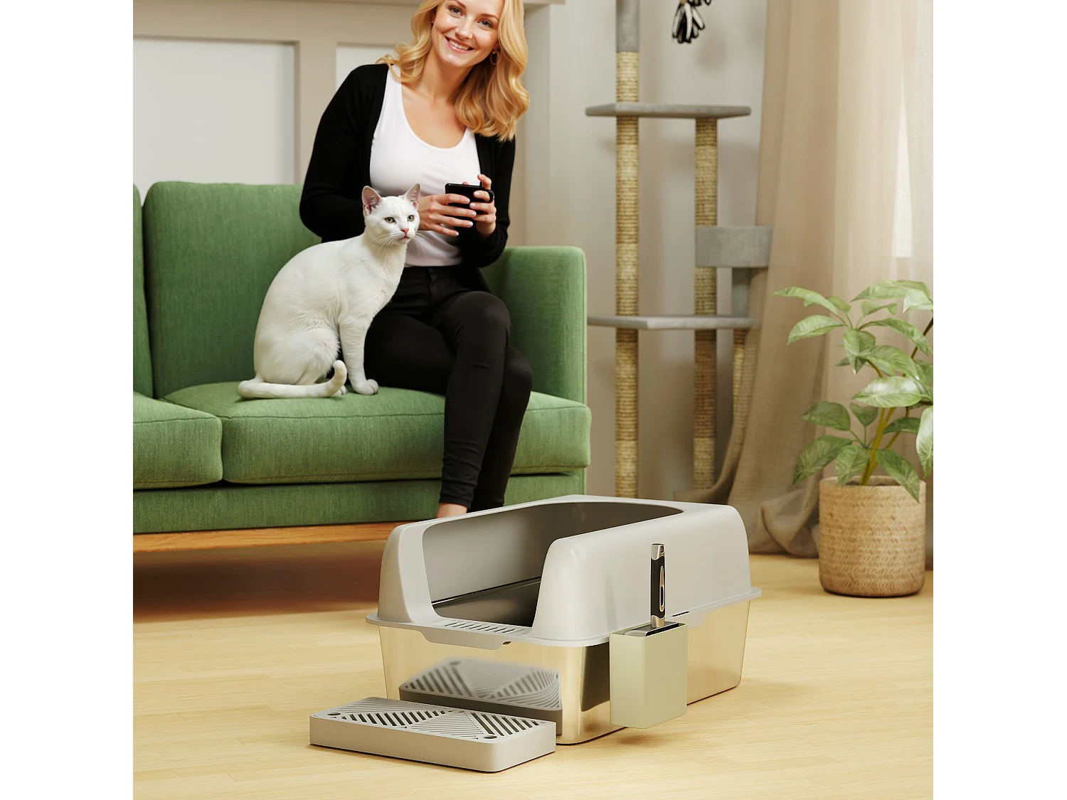 Lettiera per gatti con gradino, paletta e box portaoggetti grigio chiaro
