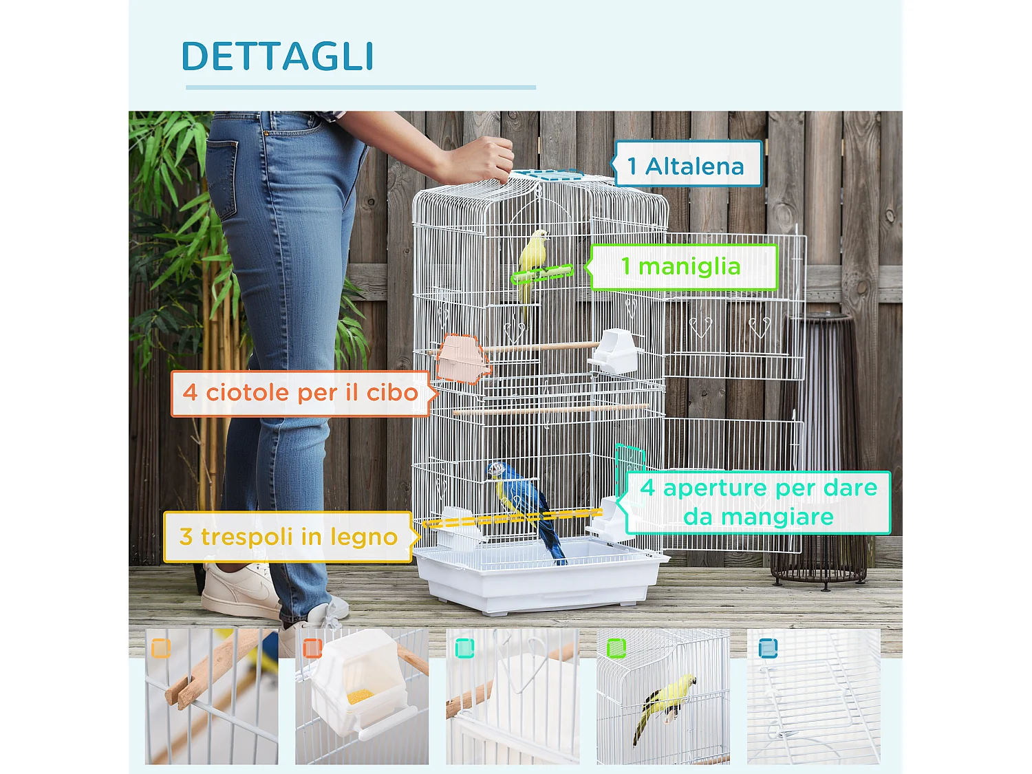 Gabbia uccelli con trespoli e altalena metallo e plastica 46.5x35.5x92cm
