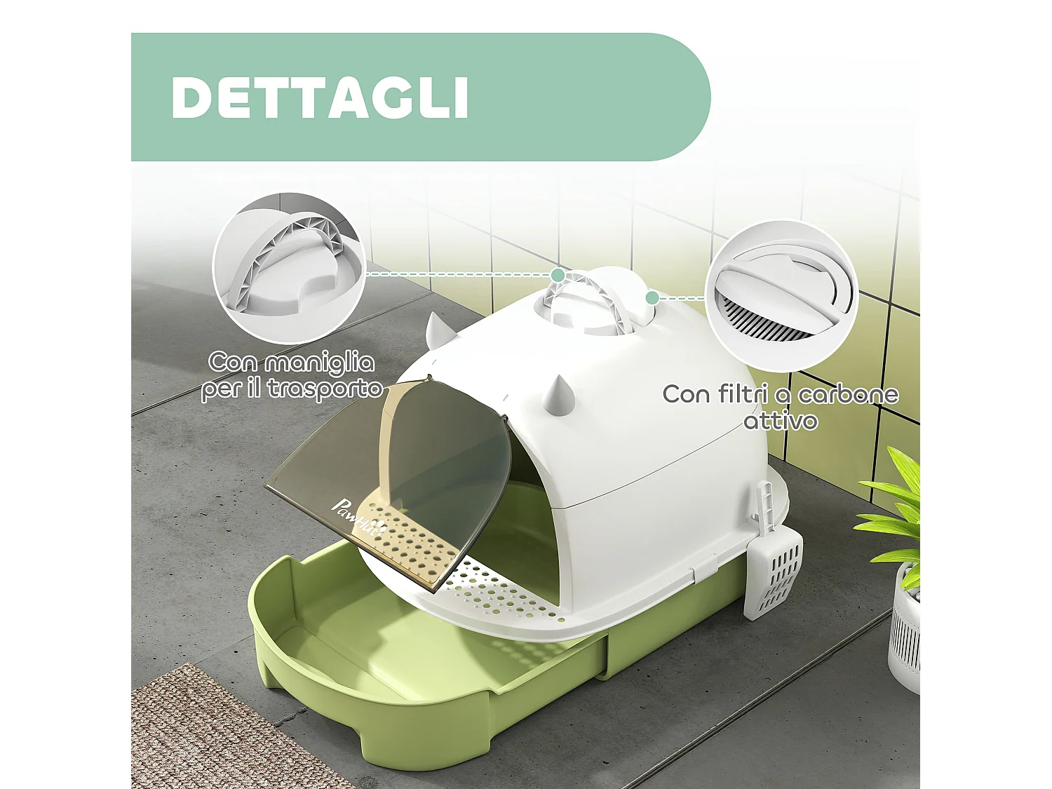 Lettiera per gatti chiusa con vassoio estraibile e paletta multicolore