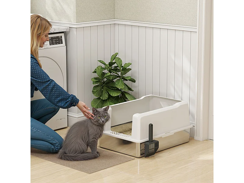 Lettiera per gatti impermeabile con vassoio e paletta bianco
