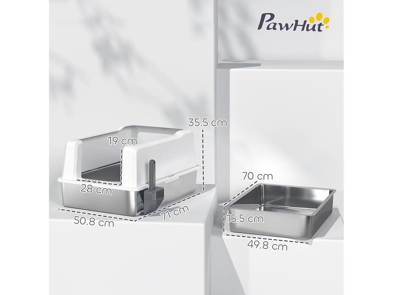 Lettiera per gatti impermeabile con vassoio e paletta bianco