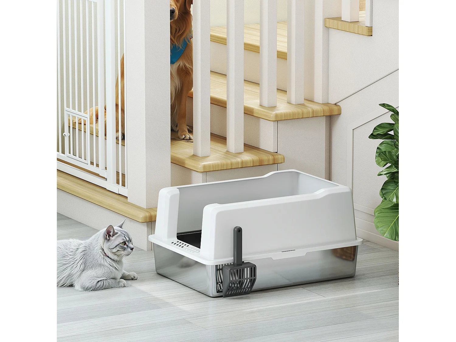 Lettiera per gatti impermeabile con vassoio e paletta bianco