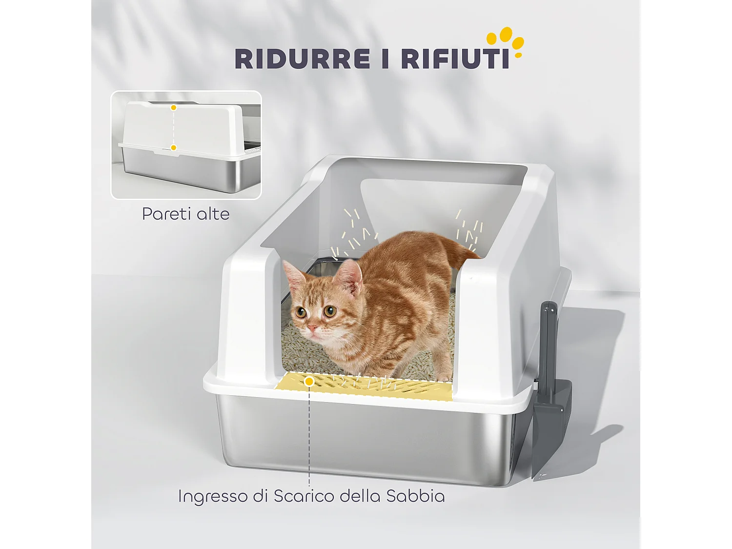 Lettiera per gatti impermeabile con vassoio e paletta bianco