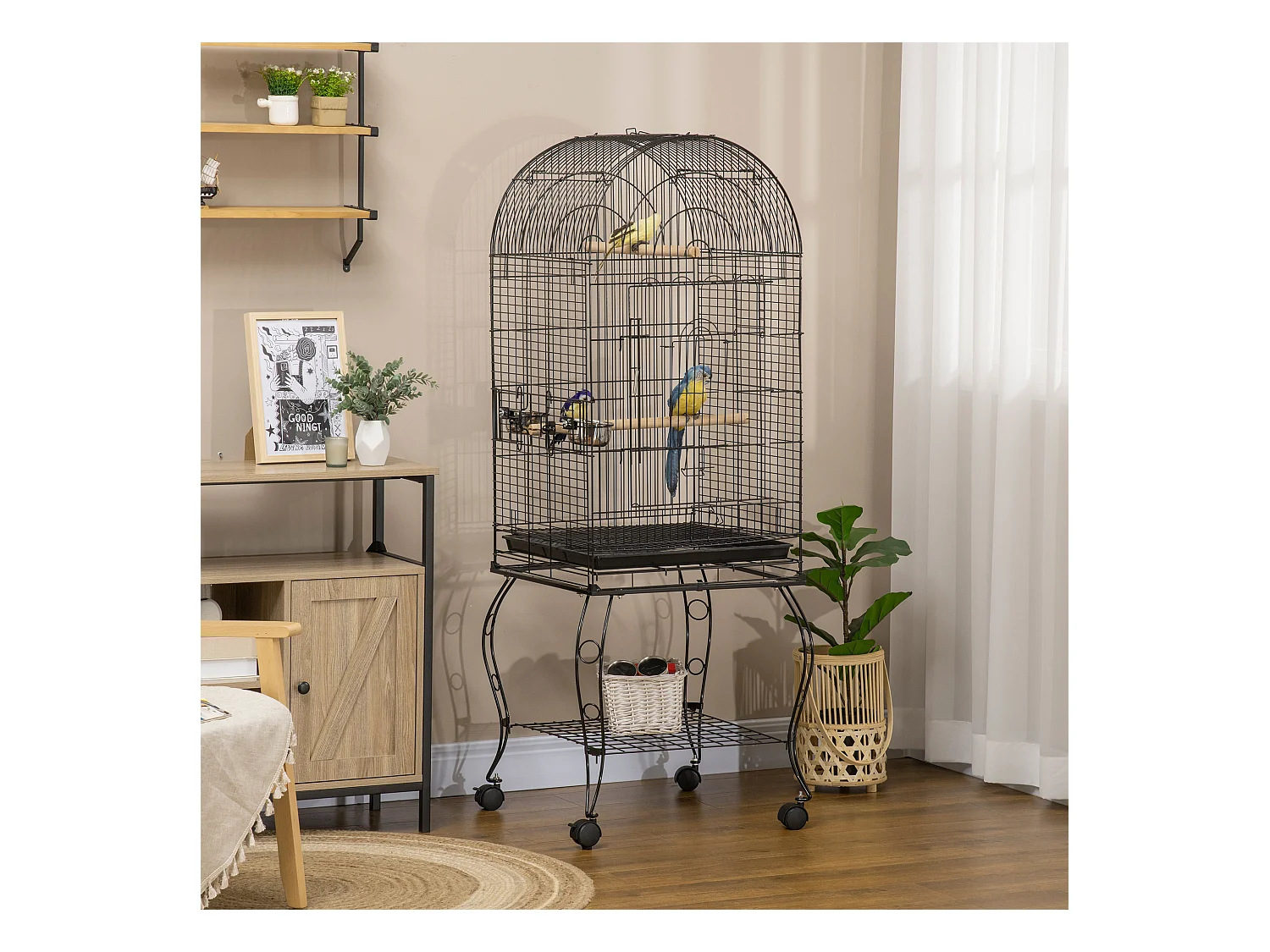 Gabbia per uccellini voliera con ruote in metallo nero 51x51x153cm