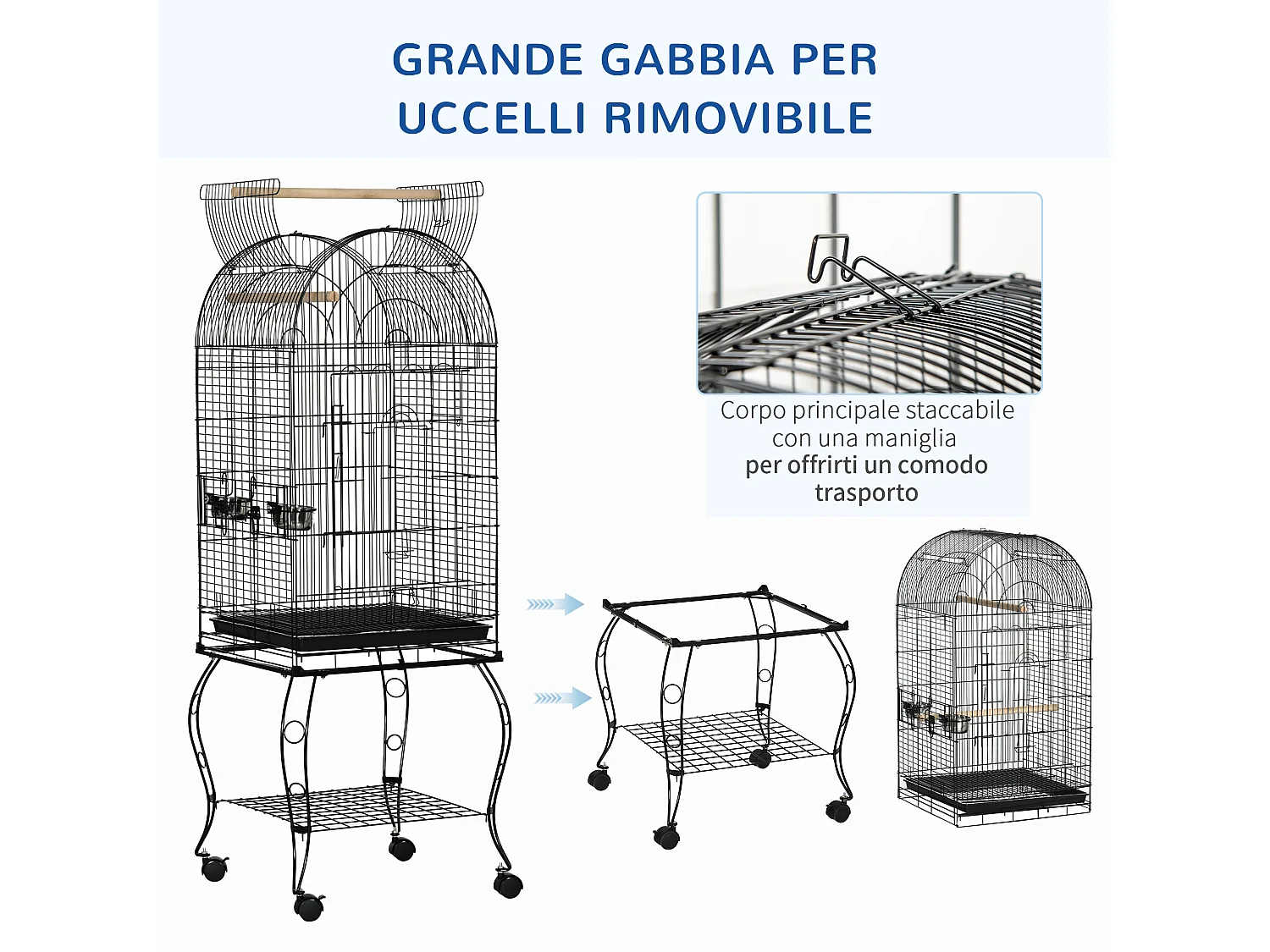 Gabbia per uccellini voliera con ruote in metallo nero 51x51x153cm