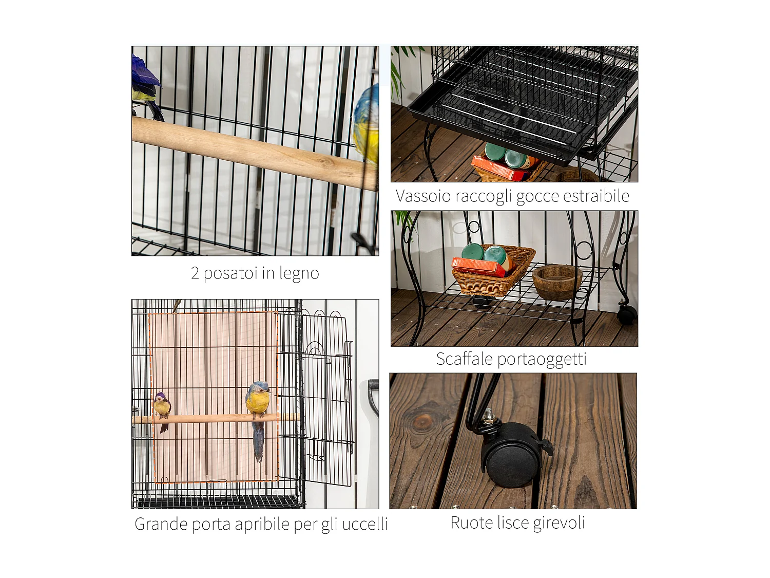 Gabbia per uccellini voliera con ruote in metallo nero 51x51x153cm