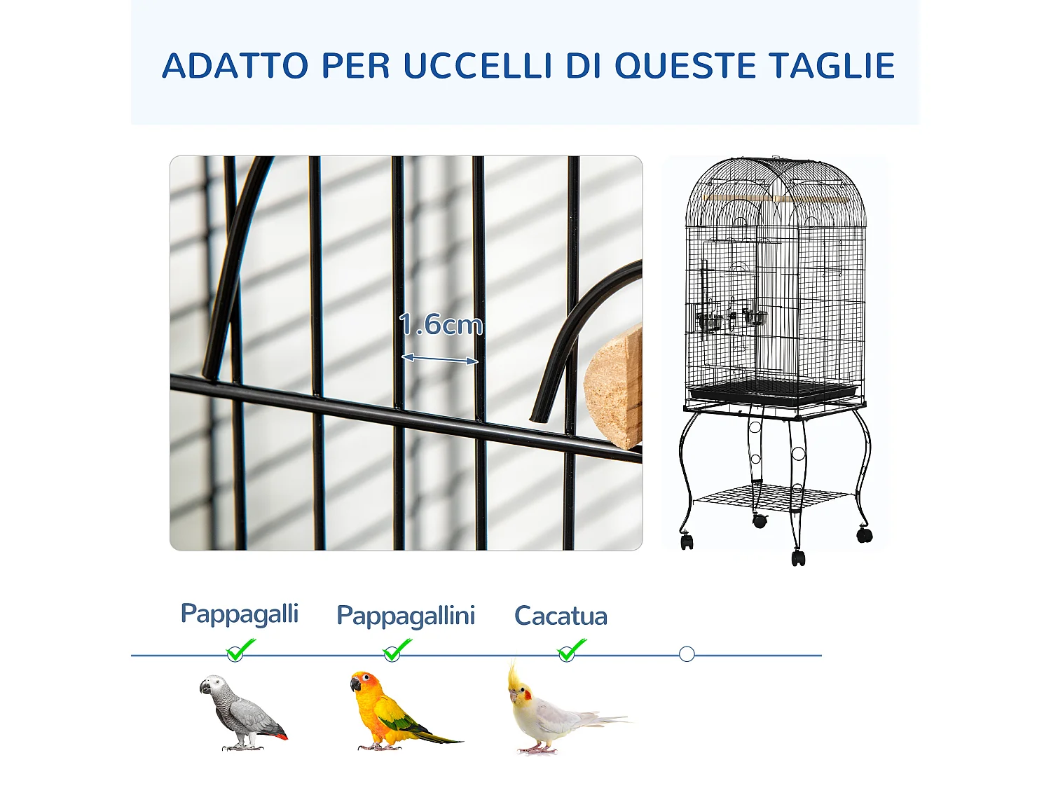 Gabbia per uccellini voliera con ruote in metallo nero 51x51x153cm