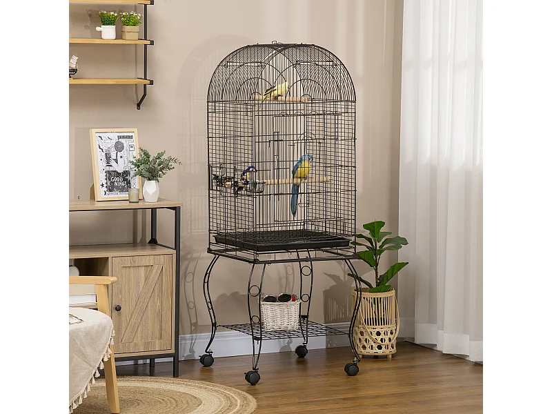 Gabbia per uccellini voliera con ruote in metallo nero 51x51x153cm