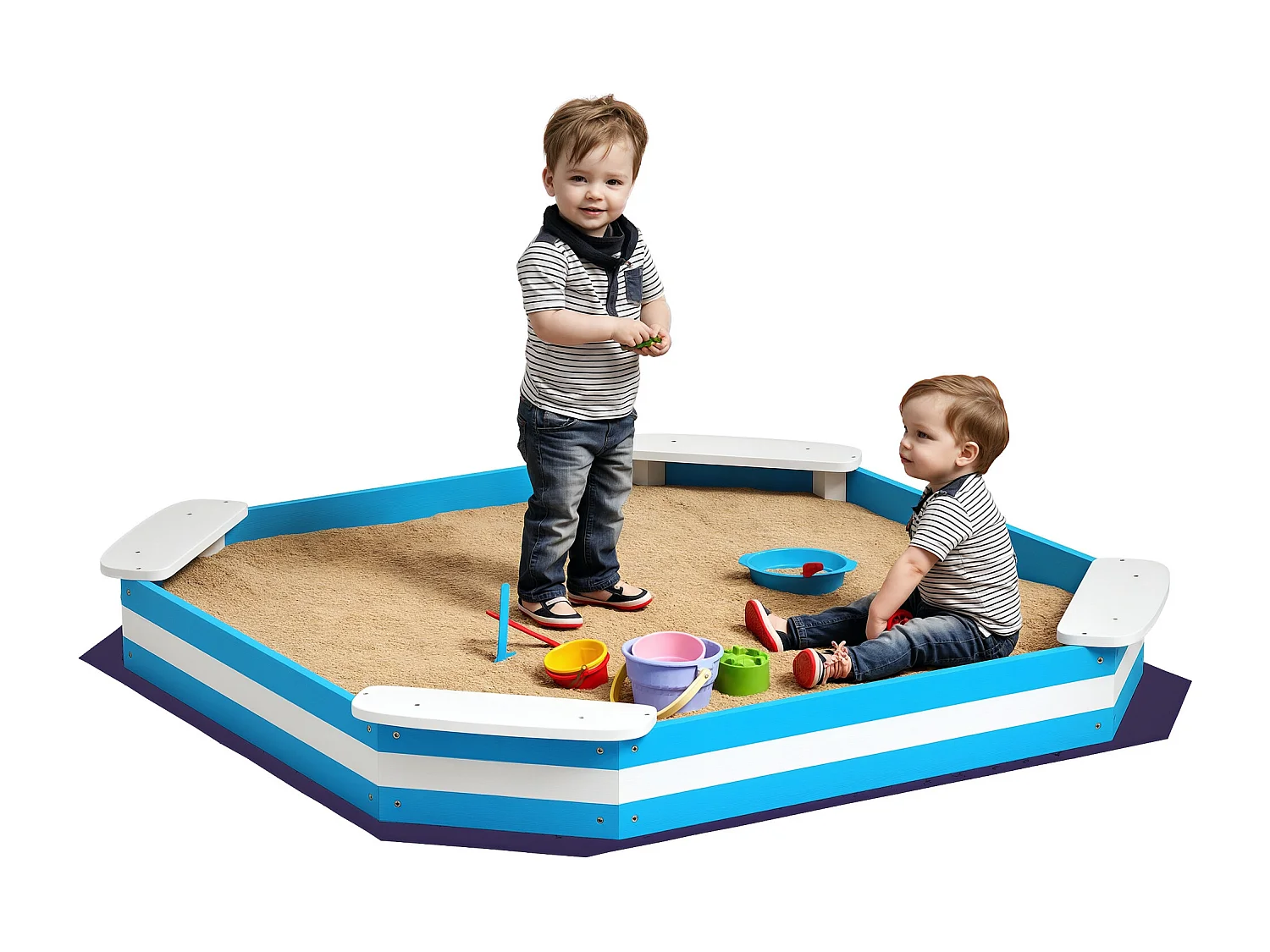 Sabbiera per bambini 3-6 anni con sedute angolari in legno blu