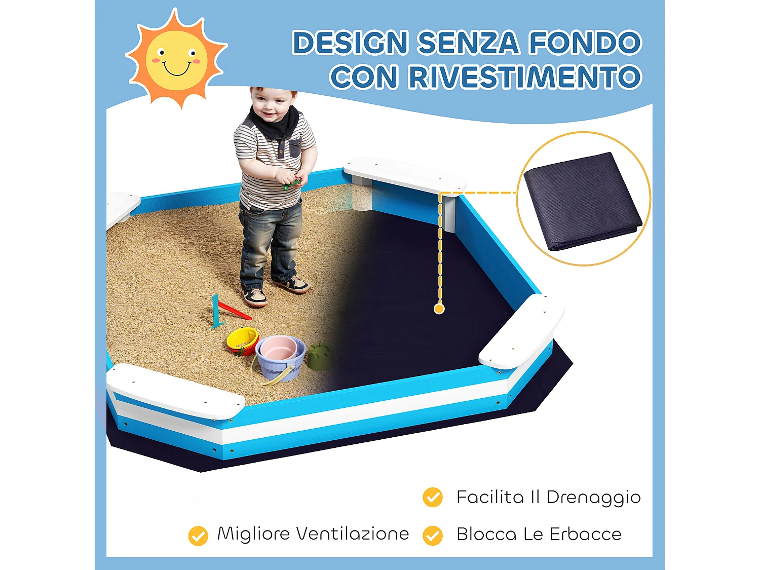 Sabbiera per bambini 3-6 anni con sedute angolari in legno blu