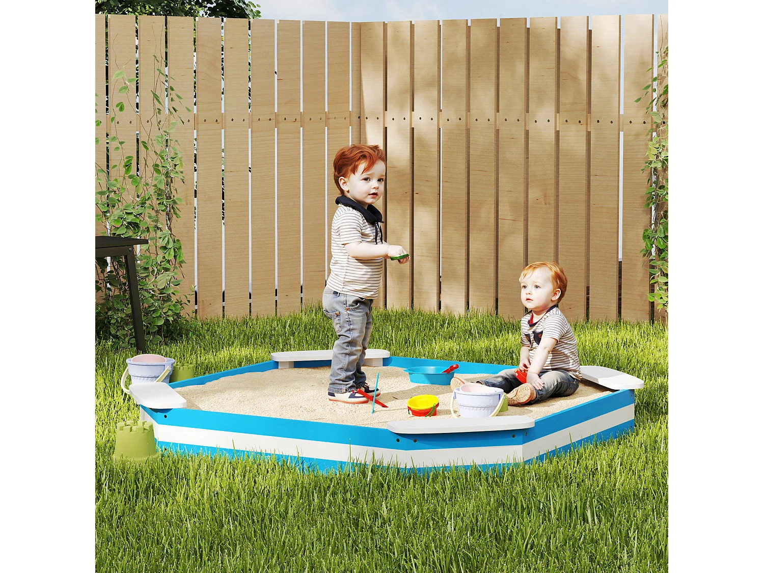 Sabbiera per bambini 3-6 anni con sedute angolari in legno blu