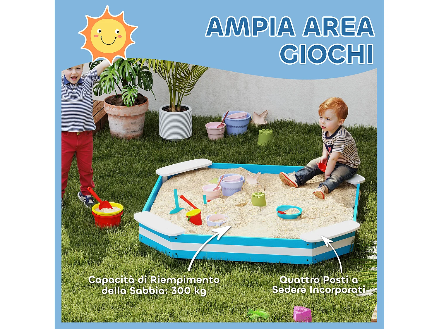 Sabbiera per bambini 3-6 anni con sedute angolari in legno blu